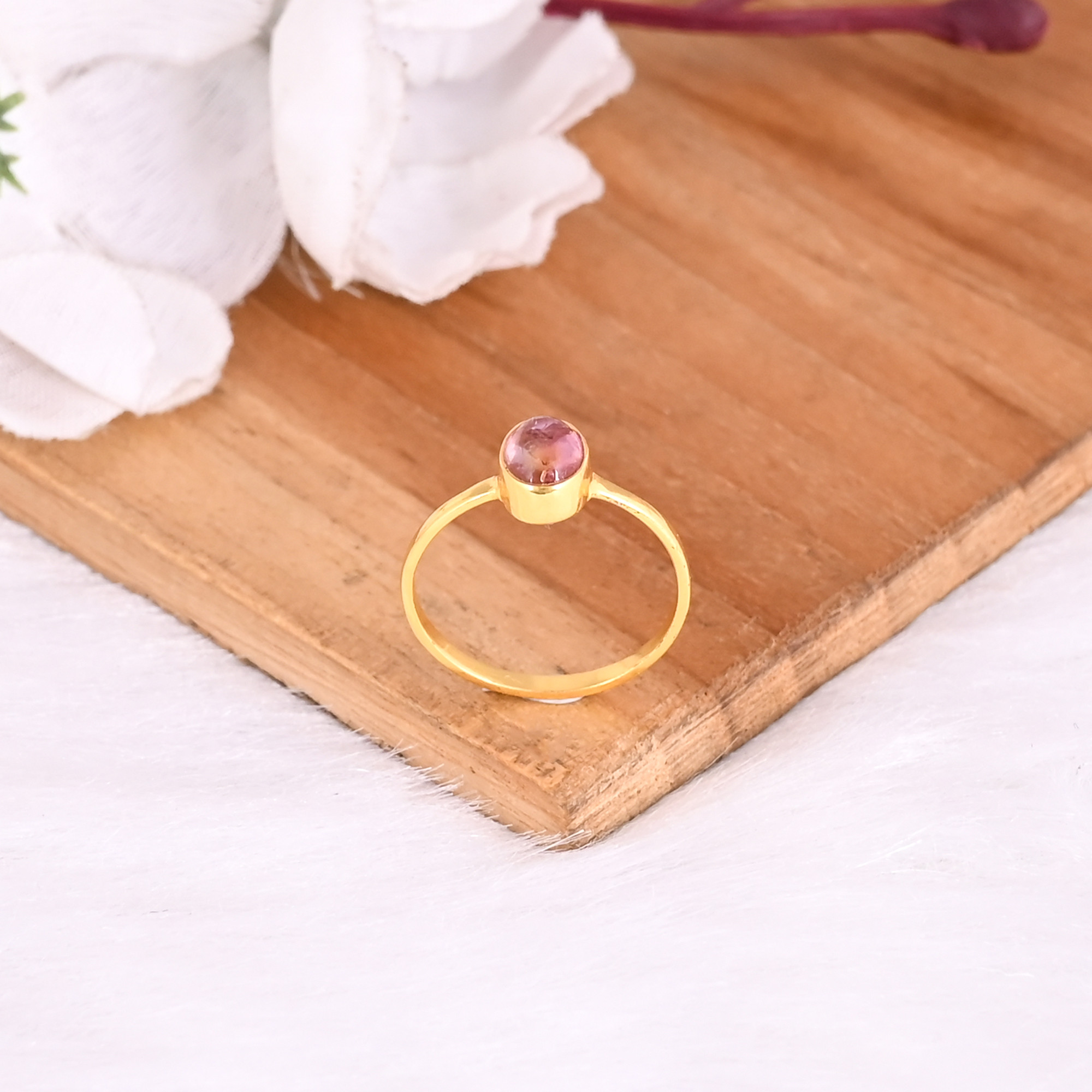 925 Sterling Silver Natural Pink Tourmaline Yellow Gold Plated Handmade Stackable Ring