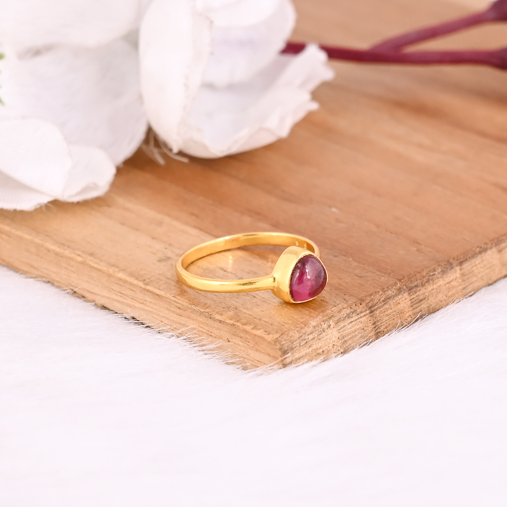 925 Sterling Solid Silver Natural Pink Tourmaline Yellow Gold Plated Handmade Designer  Ring
