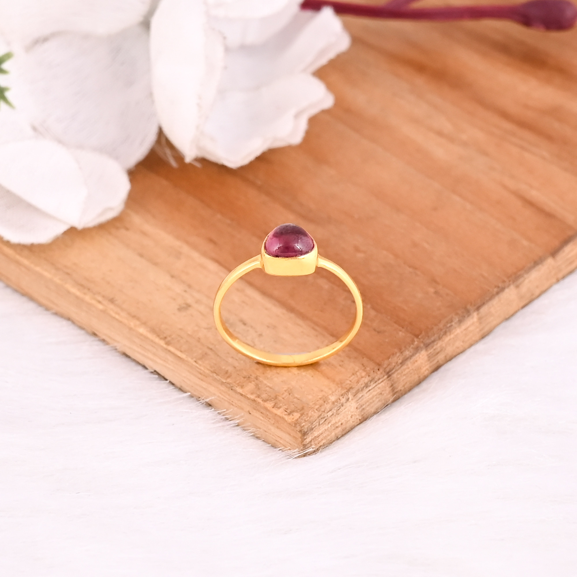 925 Sterling Solid Silver Natural Pink Tourmaline Yellow Gold Plated Handmade Designer  Ring