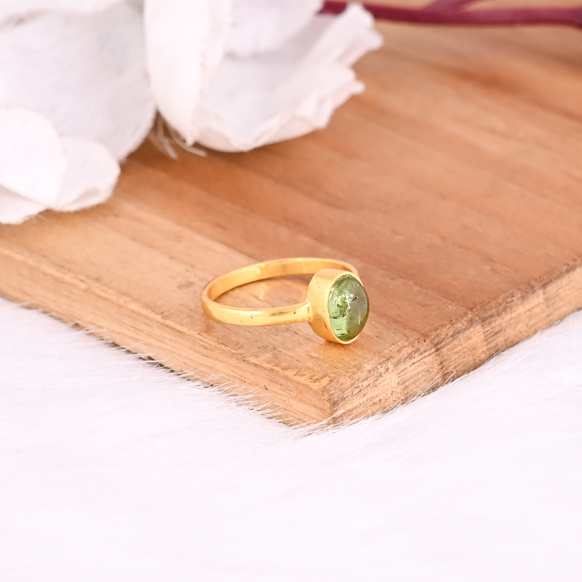 925 Sterling Solid Silver Natural Green Tourmaline Yellow Gold Plated Handmade Minimalist Women Ring