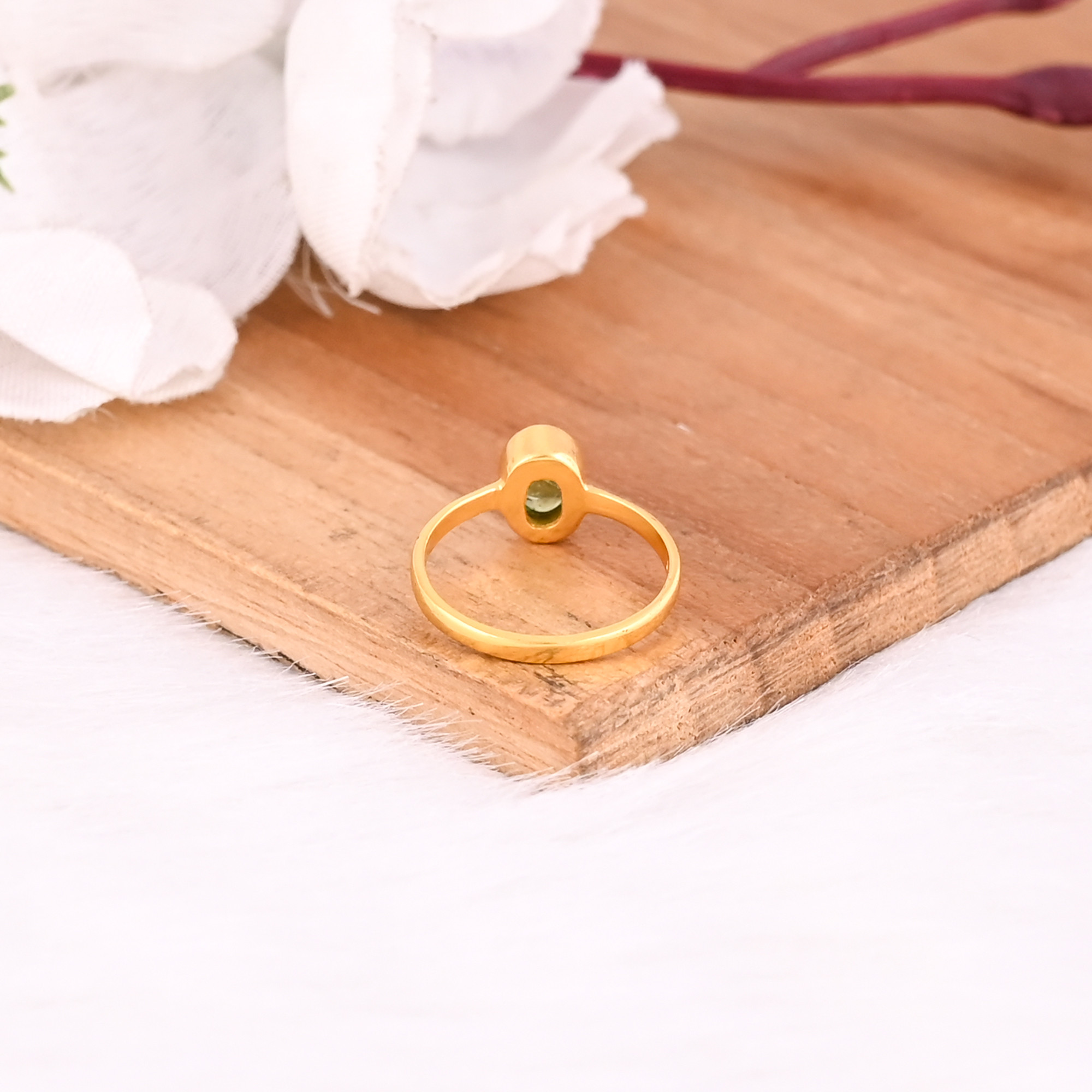 925 Sterling Solid Silver Natural Green Tourmaline Yellow Gold Plated Handmade Minimalist Women Ring