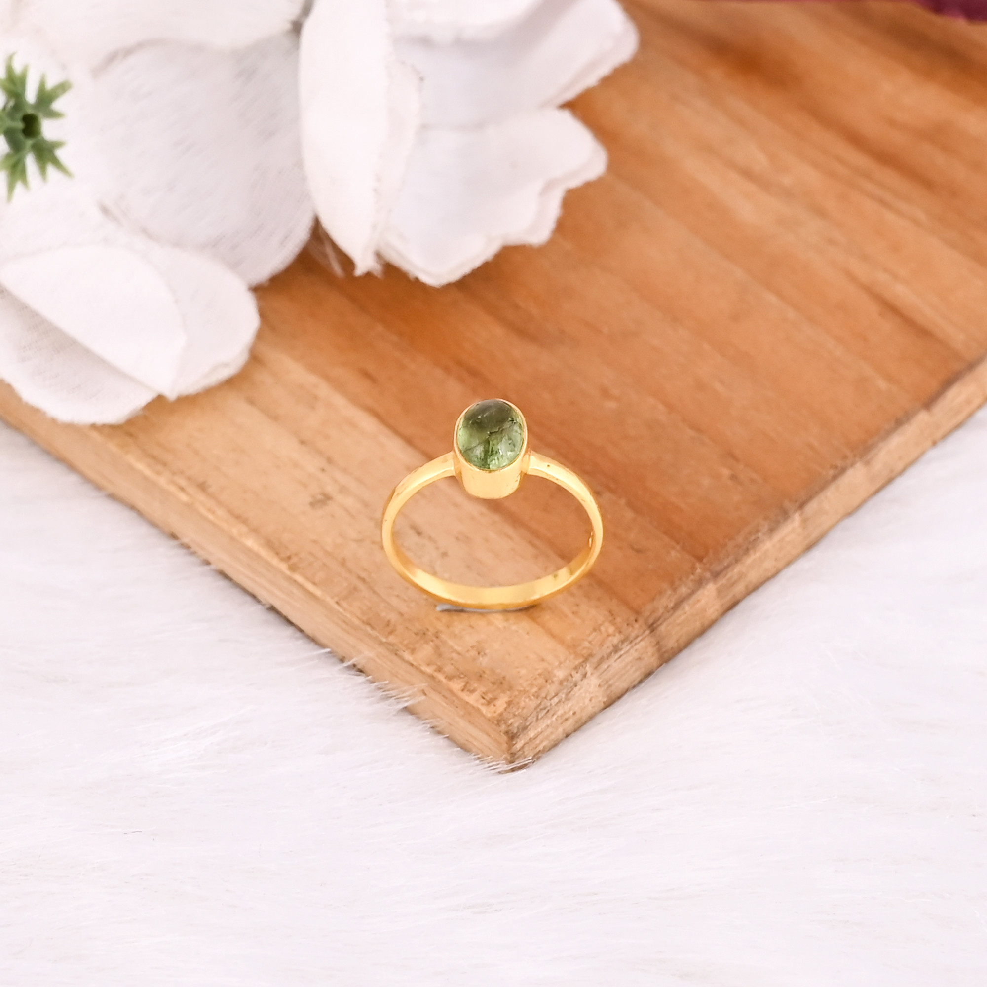 925 Sterling Solid Silver Natural Green Tourmaline Yellow Gold Plated Handmade Minimalist Women Ring