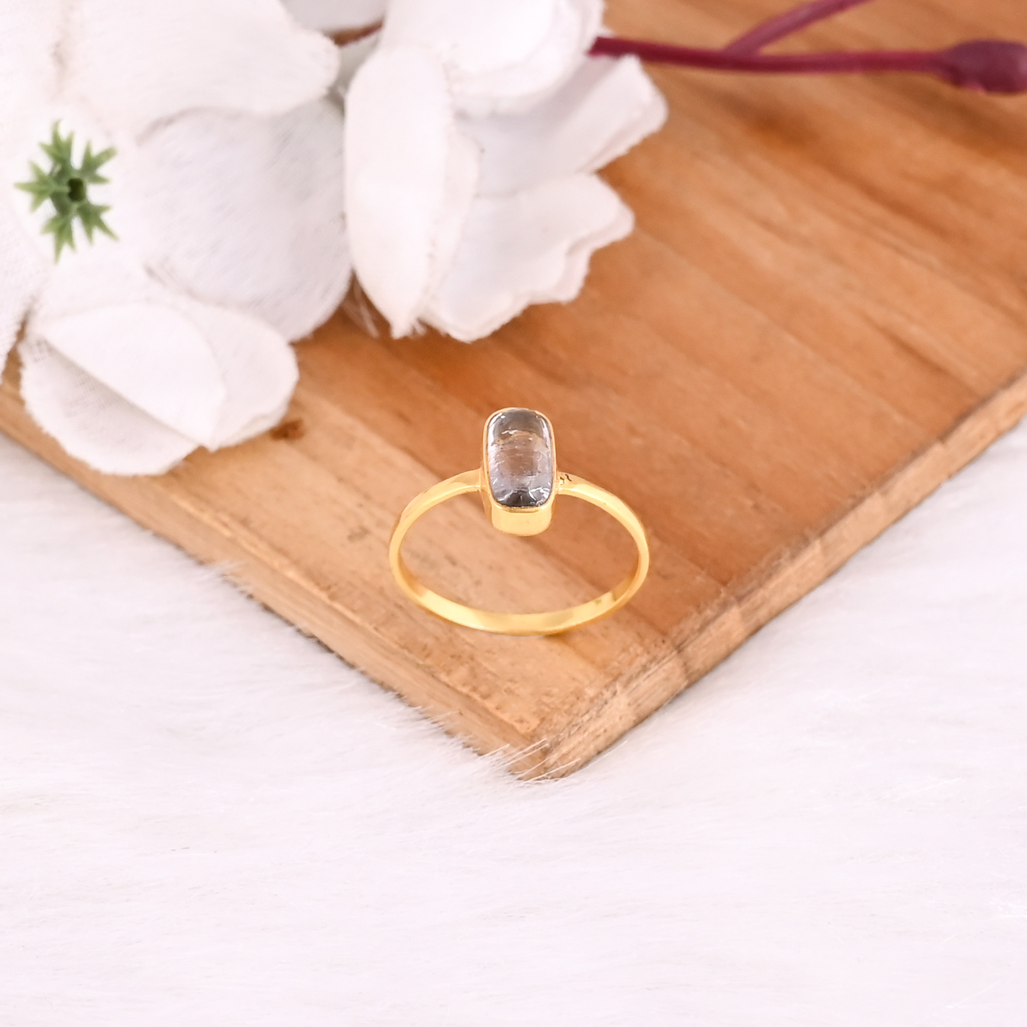 925 Sterling Solid Silver Natural Tourmaline Gemstone Yellow Gold Plated Handmade Designer Stackable Women Ring