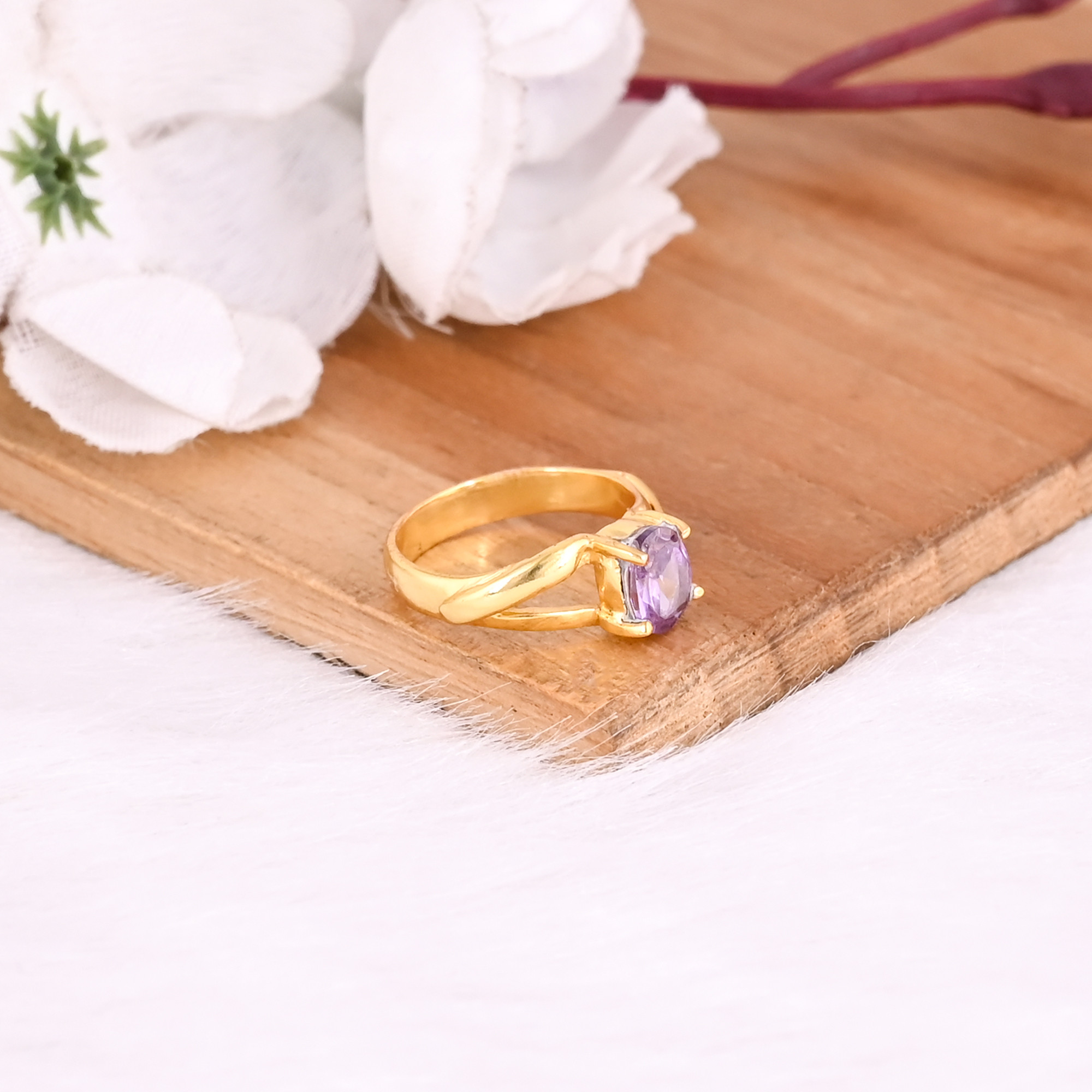 925 Sterling Solid Silver Purple CZ handmade Boho Designer Yellow Gold Plated Prong Setting Ring