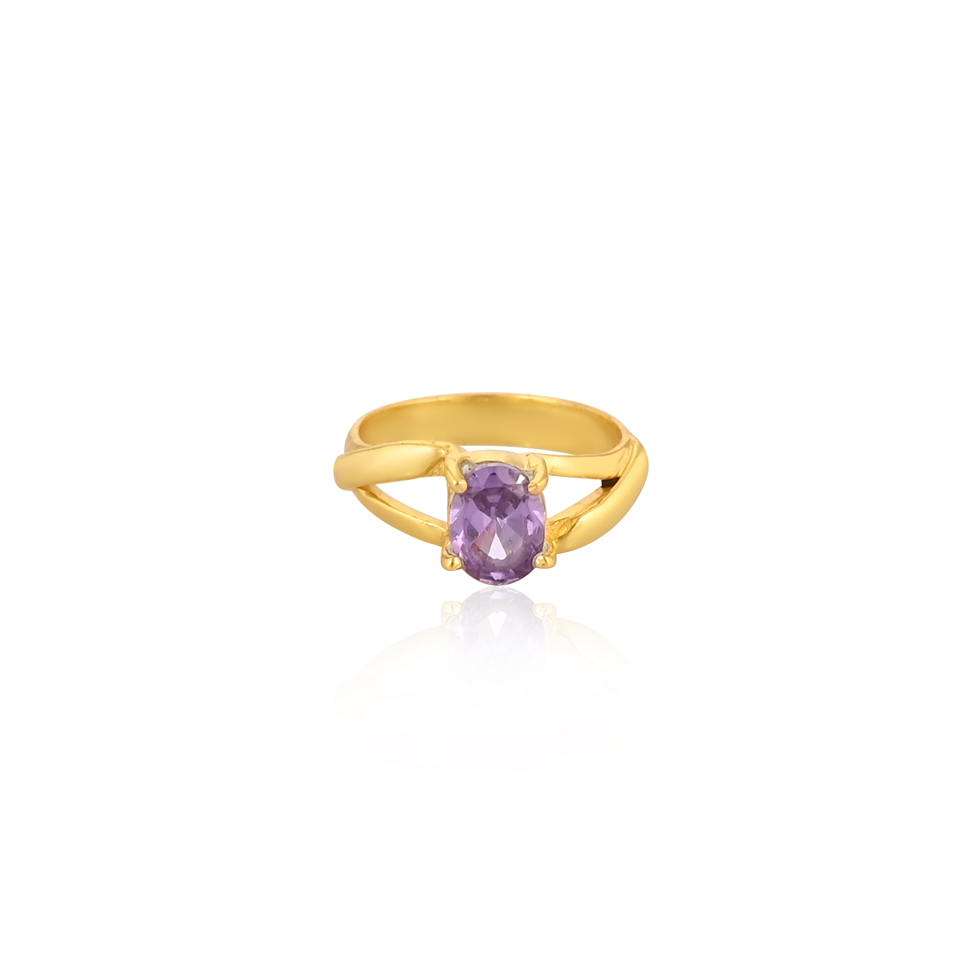 925 Sterling Solid Silver Purple CZ handmade Boho Designer Yellow Gold Plated Prong Setting Ring
