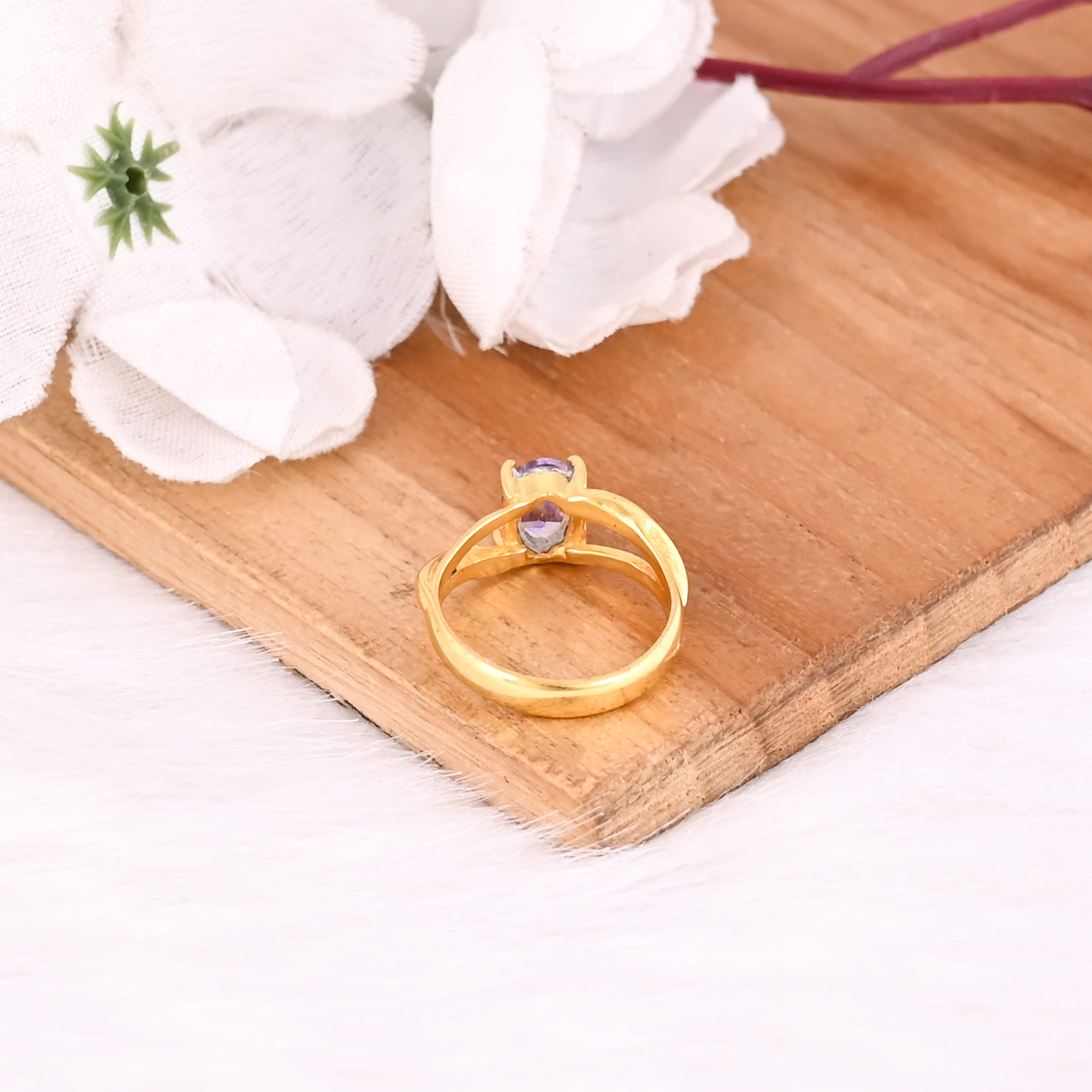 925 Sterling Solid Silver Purple CZ handmade Boho Designer Yellow Gold Plated Prong Setting Ring