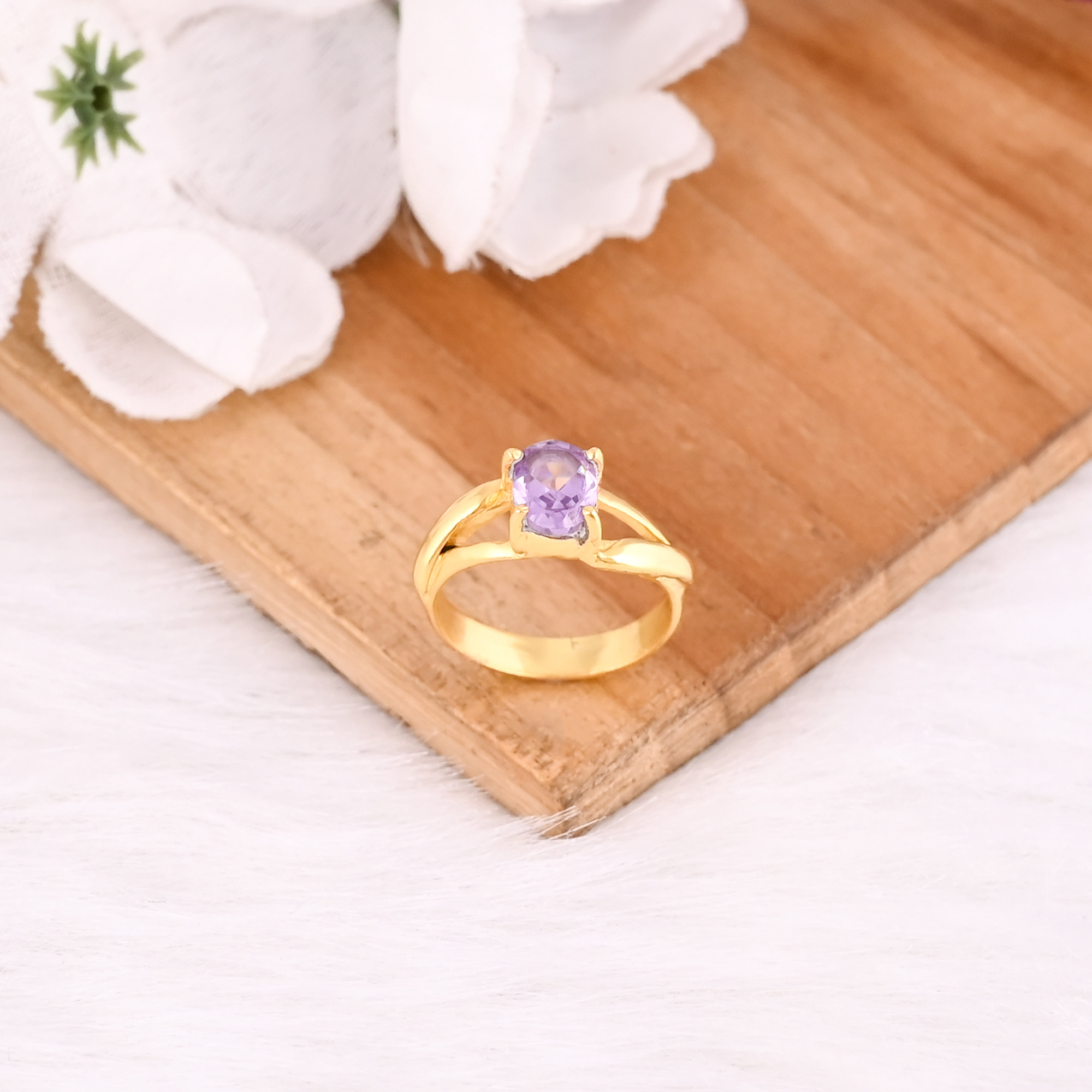 925 Sterling Solid Silver Purple CZ handmade Boho Designer Yellow Gold Plated Prong Setting Ring