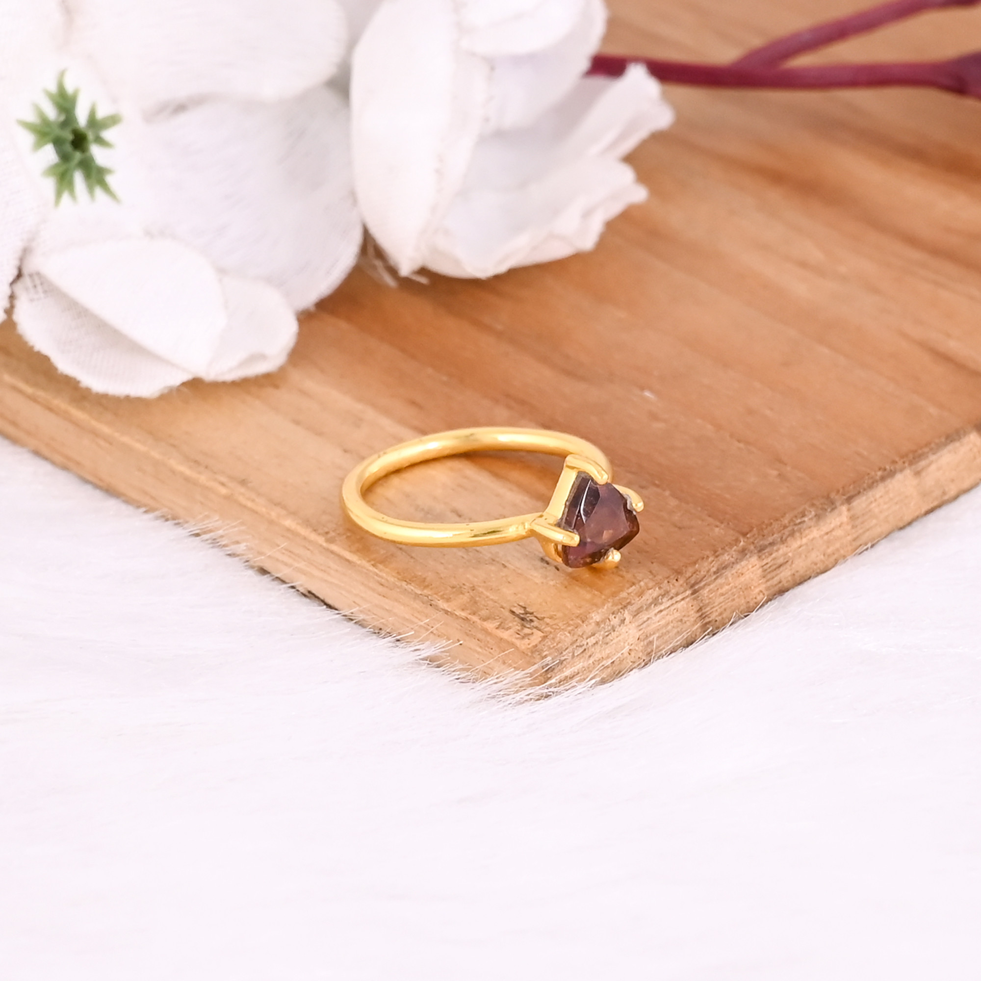 925 Sterling Silver Natural Pink Tourmaline Yellow Gold Plated Trillion Shape Prong Setting Ring Designer Wholesale Jewelry