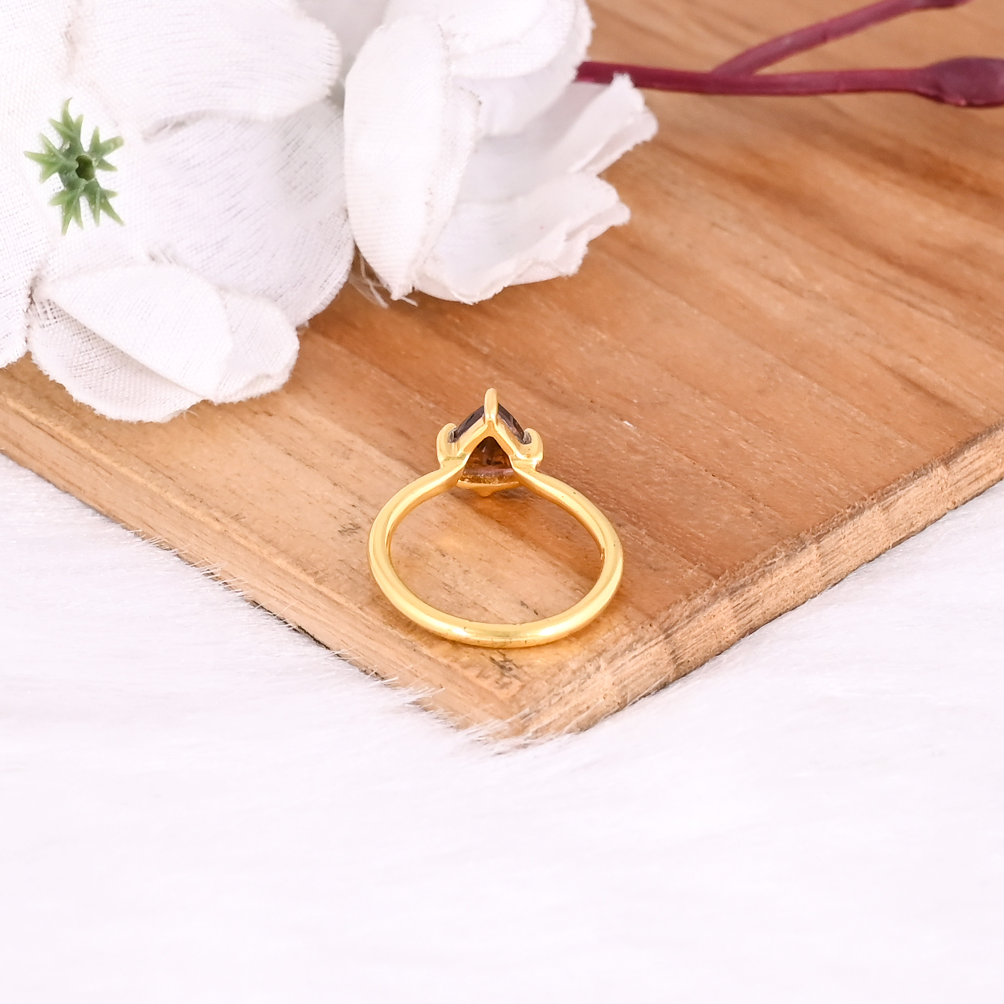 925 Sterling Silver Natural Pink Tourmaline Yellow Gold Plated Trillion Shape Prong Setting Ring Designer Wholesale Jewelry