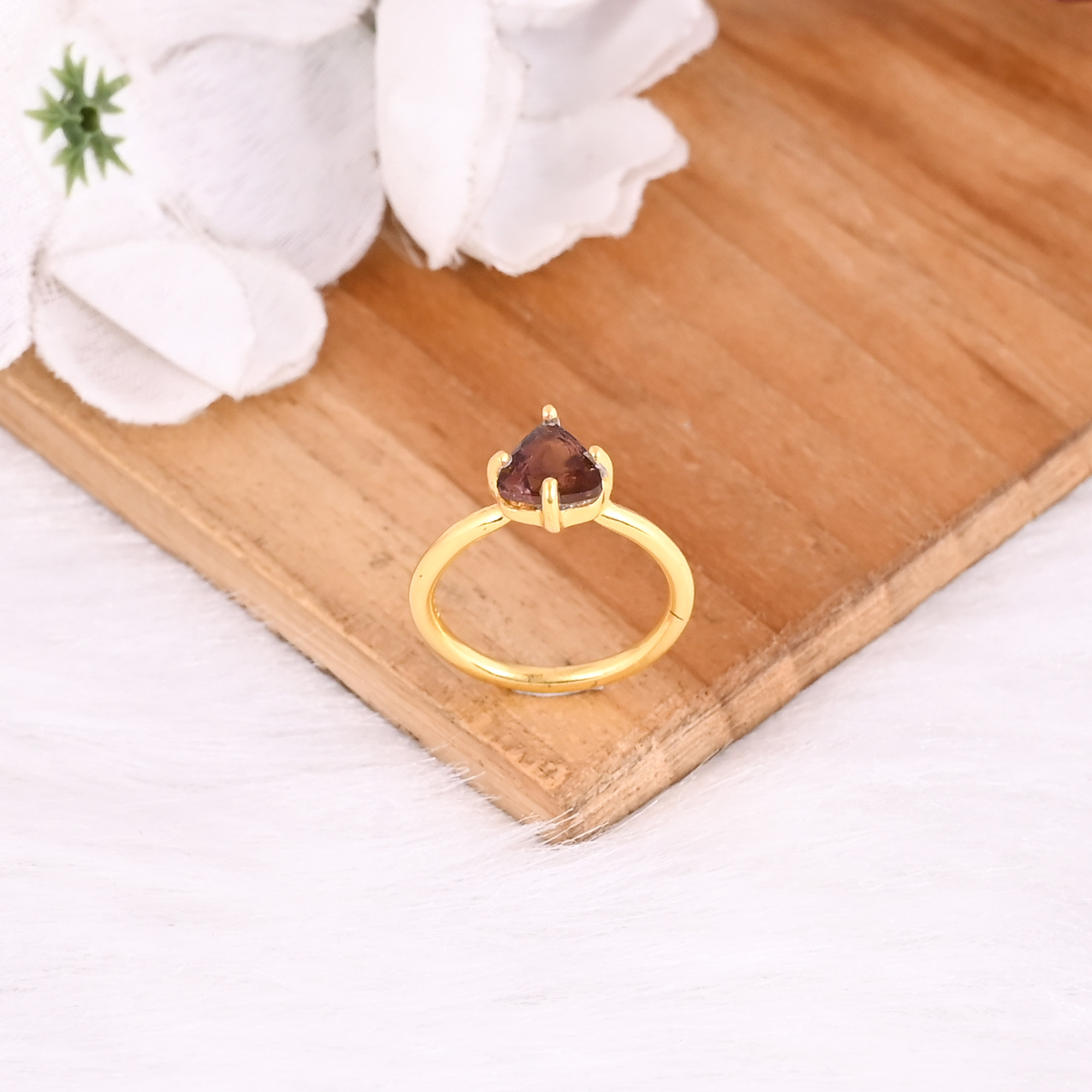 925 Sterling Silver Natural Pink Tourmaline Yellow Gold Plated Trillion Shape Prong Setting Ring Designer Wholesale Jewelry