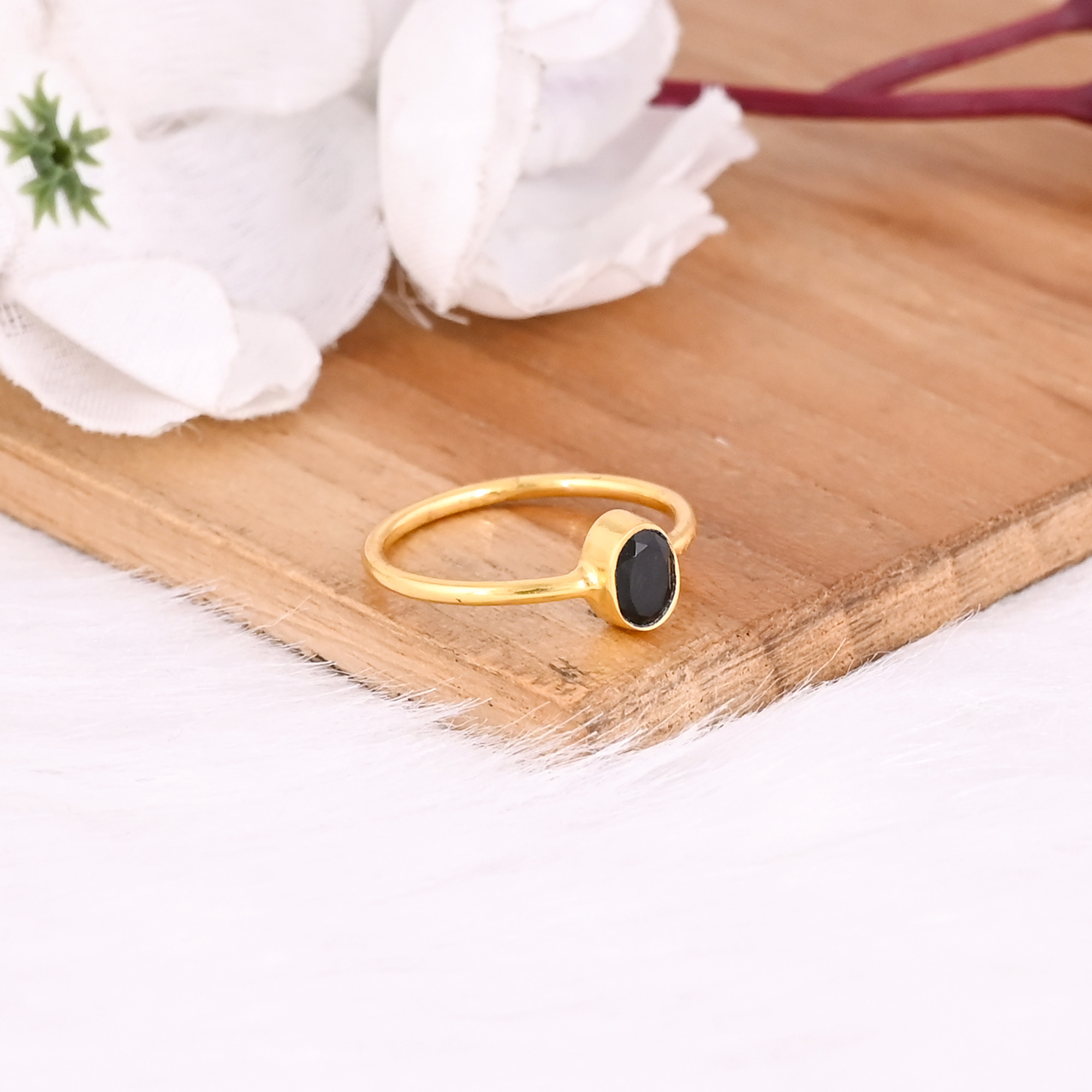 925 Sterling Solid Silver Black Onyx Gemstone Yellow Gold Plated Minimalist Stacking Ring Handmade Jewelry