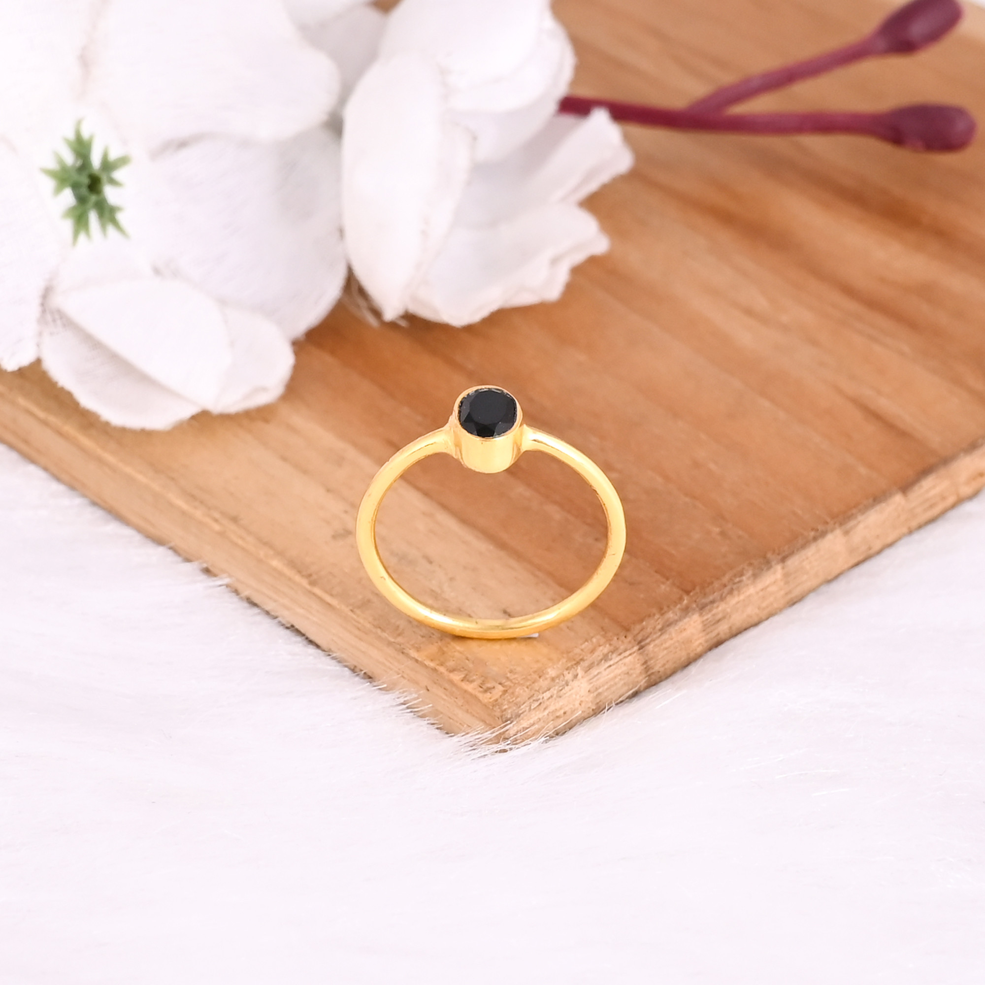 925 Sterling Solid Silver Black Onyx Gemstone Yellow Gold Plated Minimalist Stacking Ring Handmade Jewelry