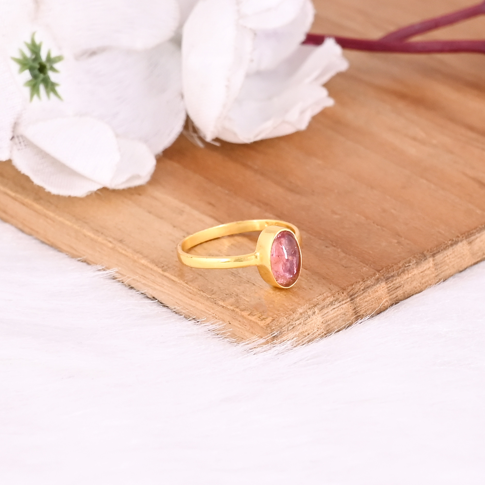 925 Sterling Solid Silver Natural Pink Tourmaline Yellow Gold Plated Handmade Designer Anniversary Gift For Her