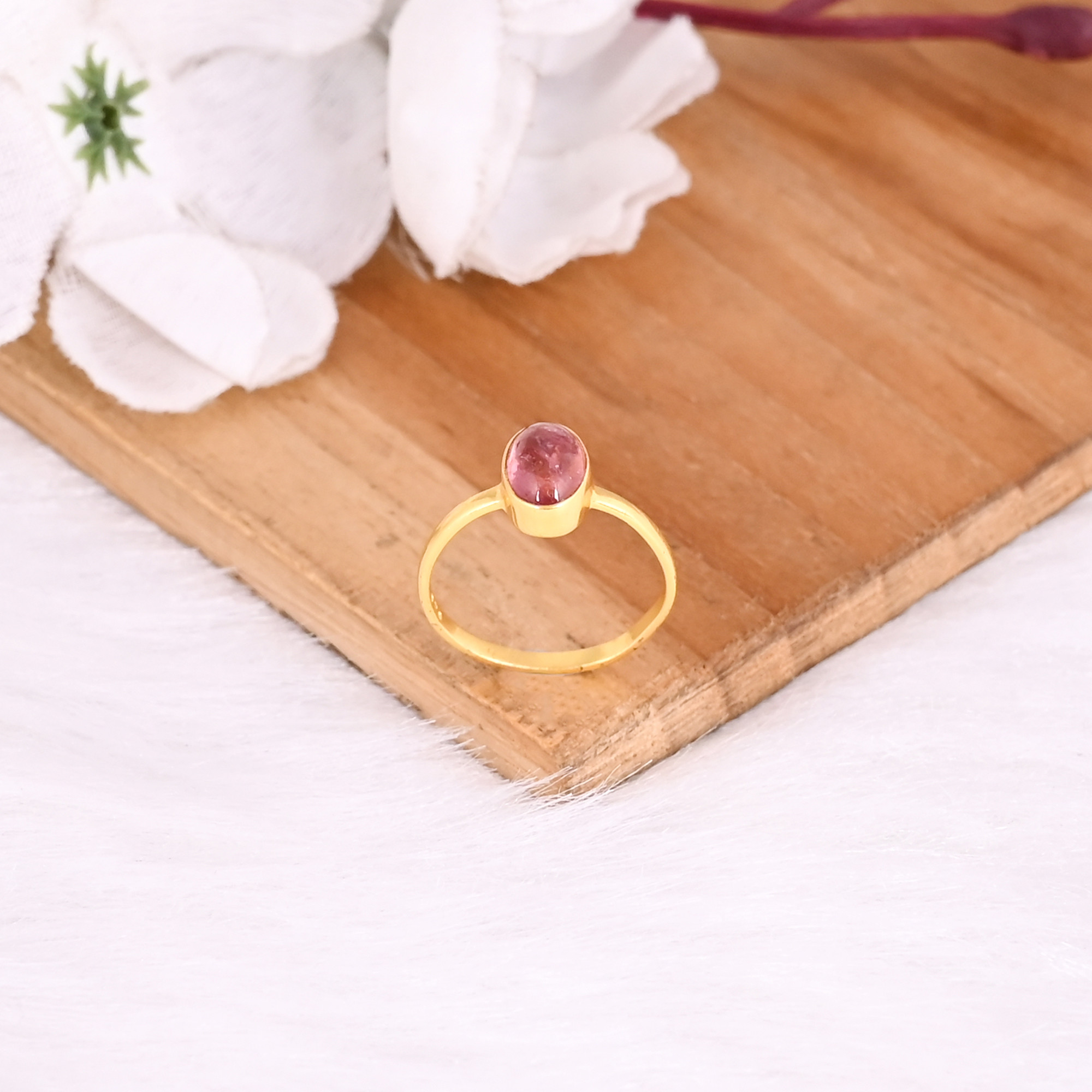 925 Sterling Solid Silver Natural Pink Tourmaline Yellow Gold Plated Handmade Designer Anniversary Gift For Her