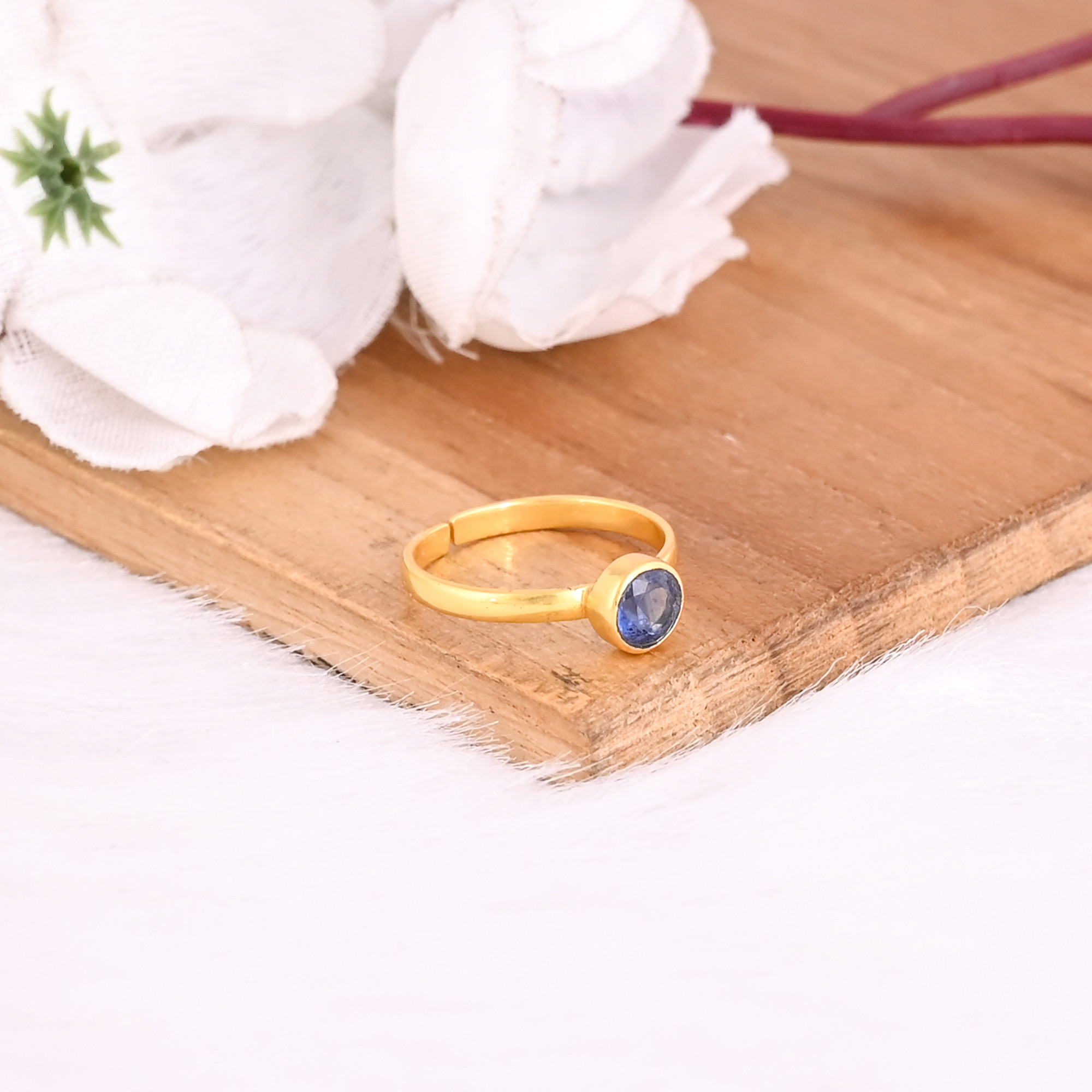 925 Sterling Silver Natural Kyanite Round Gemstone Handmade Yellow Gold Plated Adjustable Women Dailywear Ring