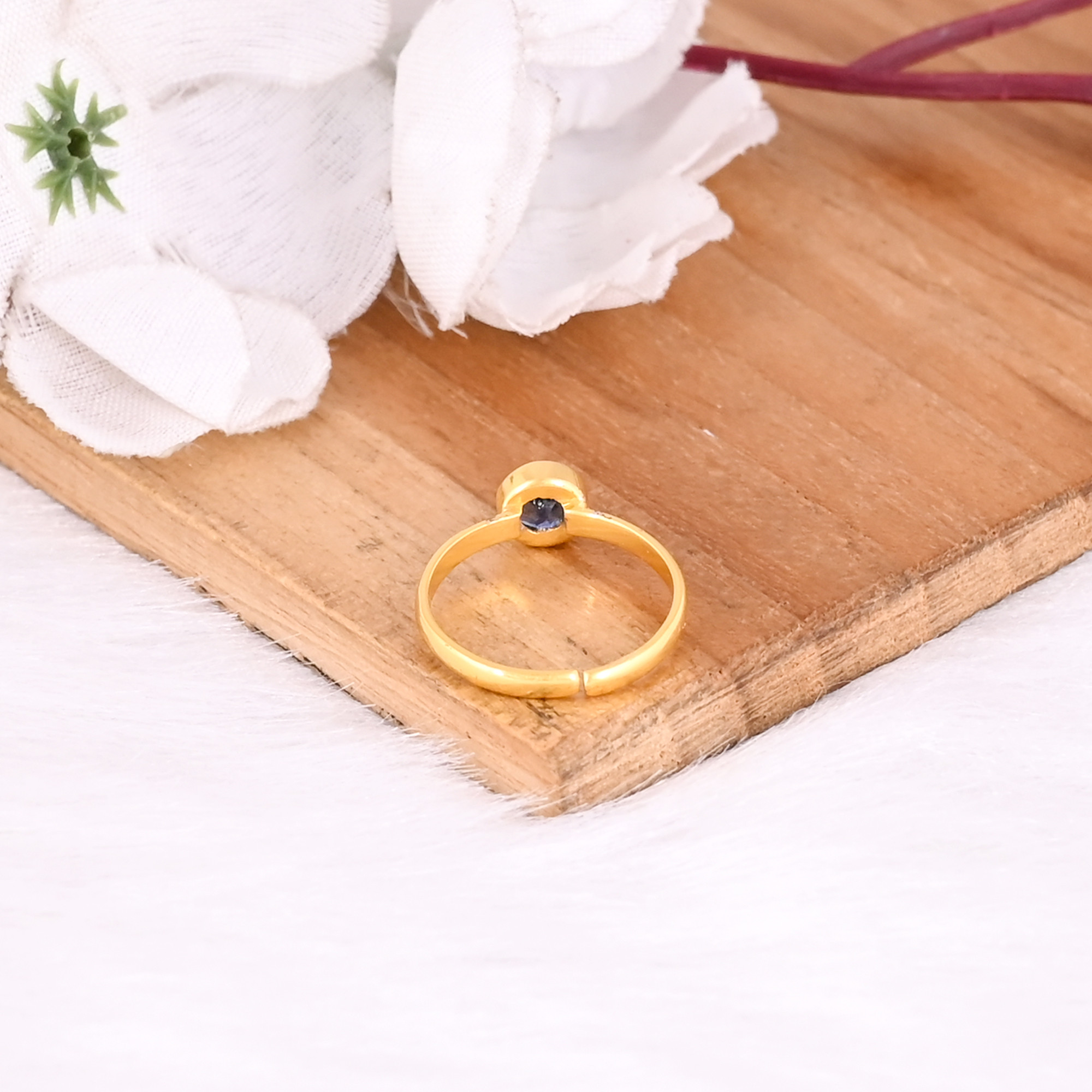 925 Sterling Silver Natural Kyanite Round Gemstone Handmade Yellow Gold Plated Adjustable Women Dailywear Ring