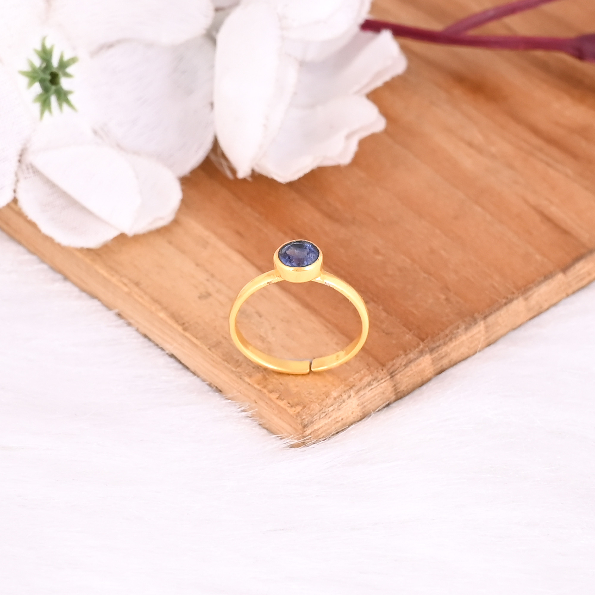 925 Sterling Silver Natural Kyanite Round Gemstone Handmade Yellow Gold Plated Adjustable Women Dailywear Ring
