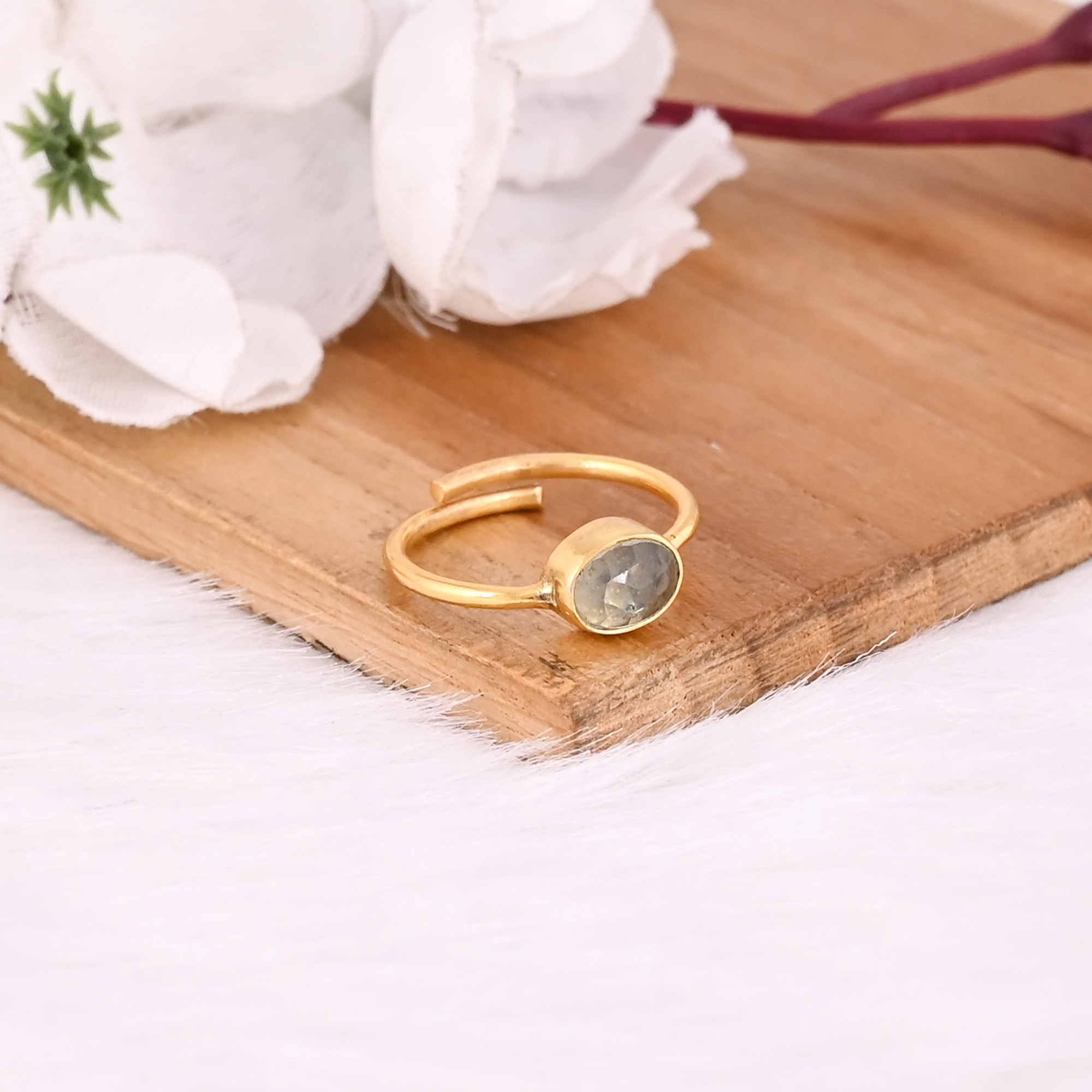 925 Sterling Solid Silver Blue Topaz Hydro Boho Designer Yellow Gold Plated Adjustable Ring
