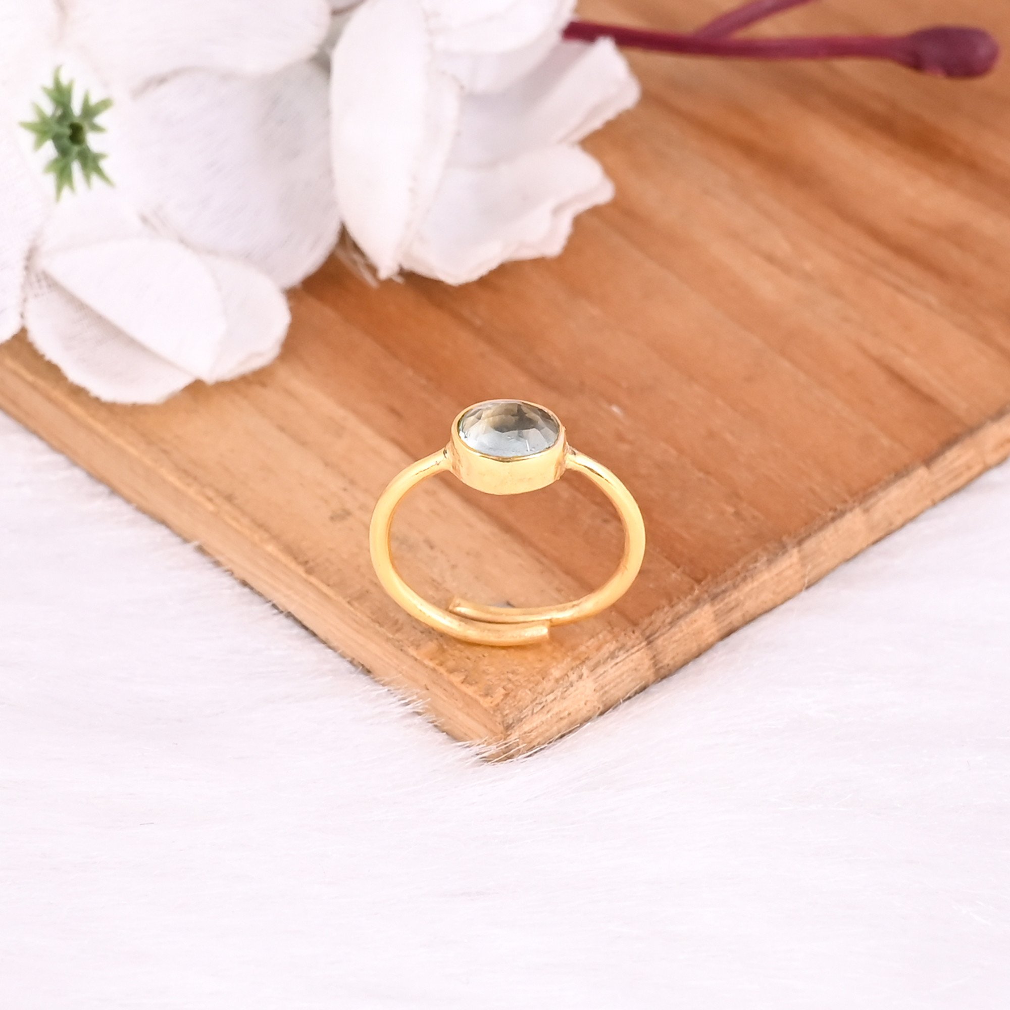 925 Sterling Solid Silver Blue Topaz Hydro Boho Designer Yellow Gold Plated Adjustable Ring