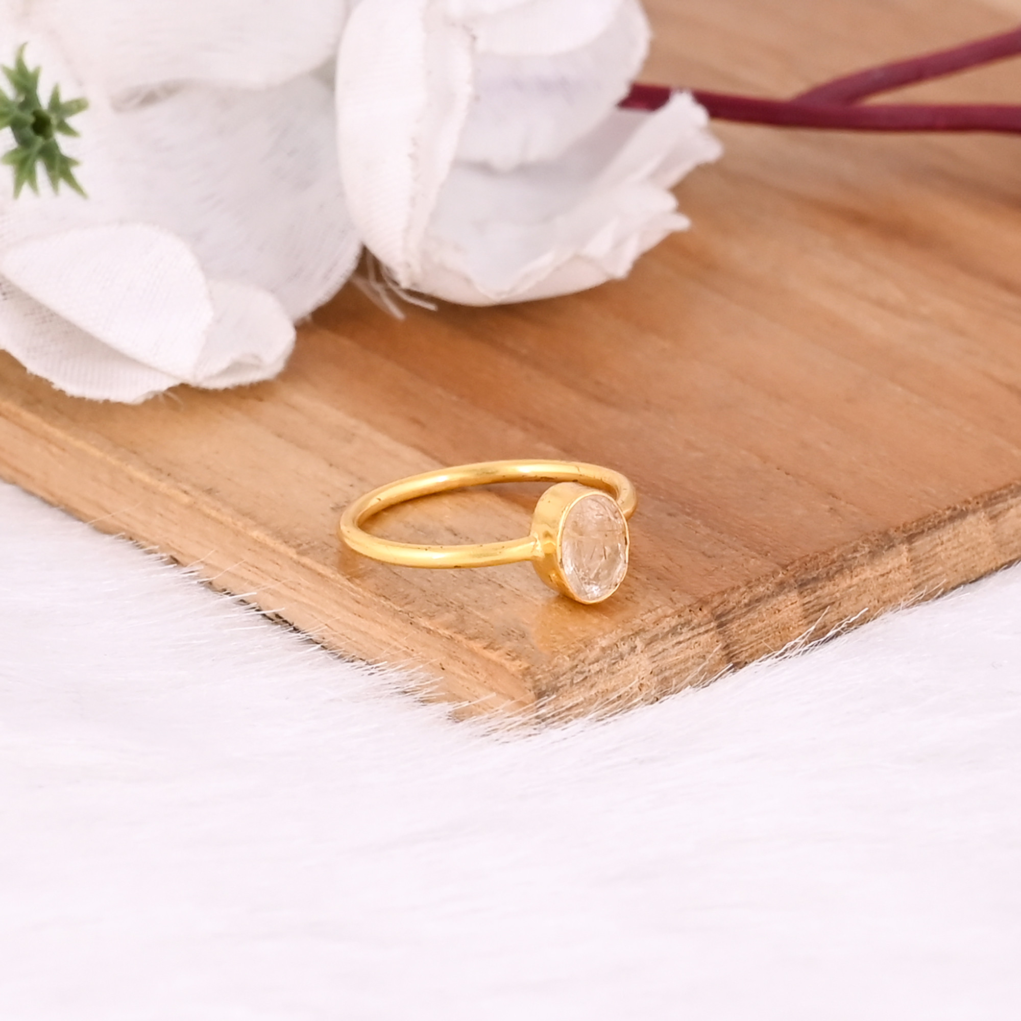 925 Sterling Solid Silver Golden Rutile Gemstone Yellow Gold Plated Stacking Band Ring Perfect Gift For Her