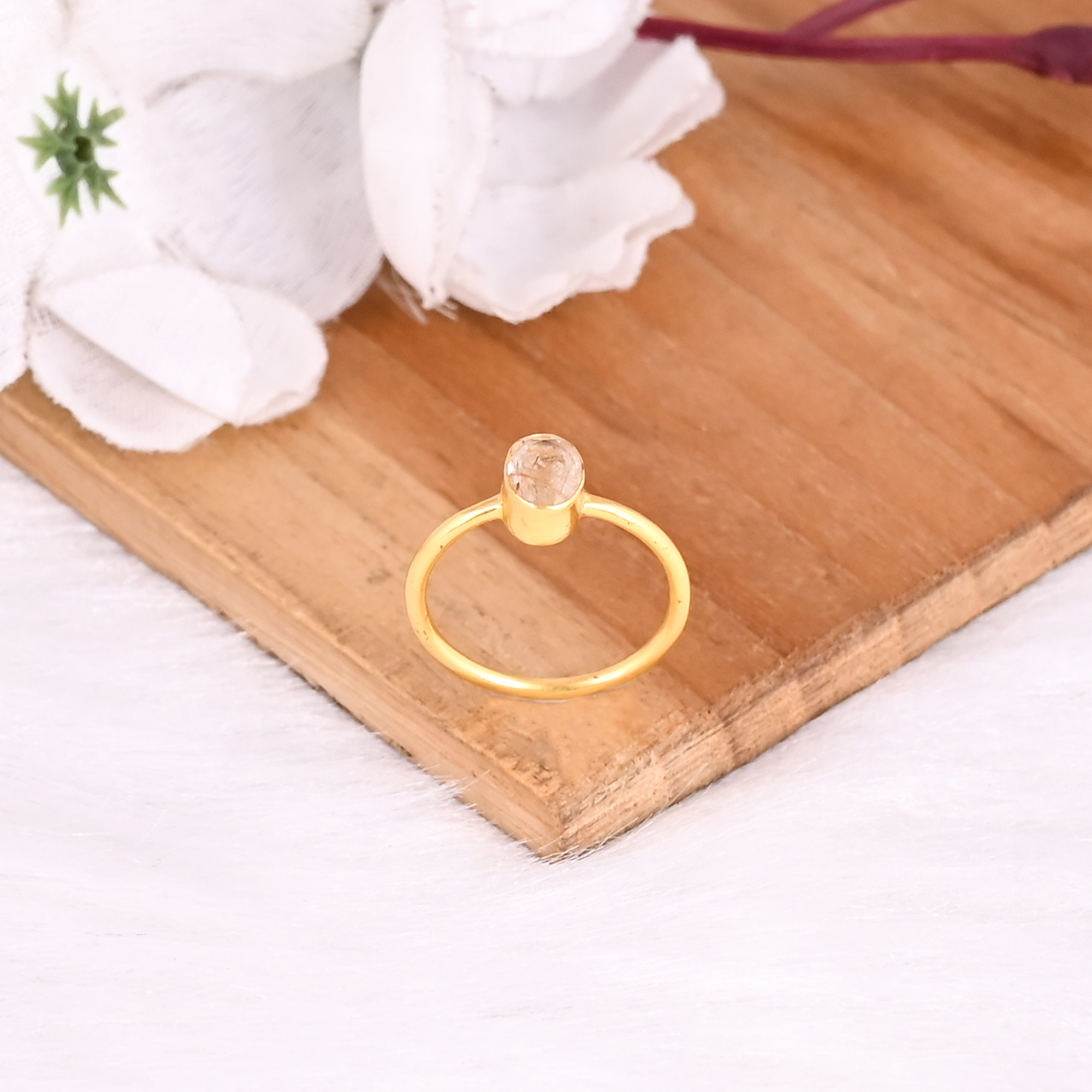 925 Sterling Solid Silver Golden Rutile Gemstone Yellow Gold Plated Stacking Band Ring Perfect Gift For Her