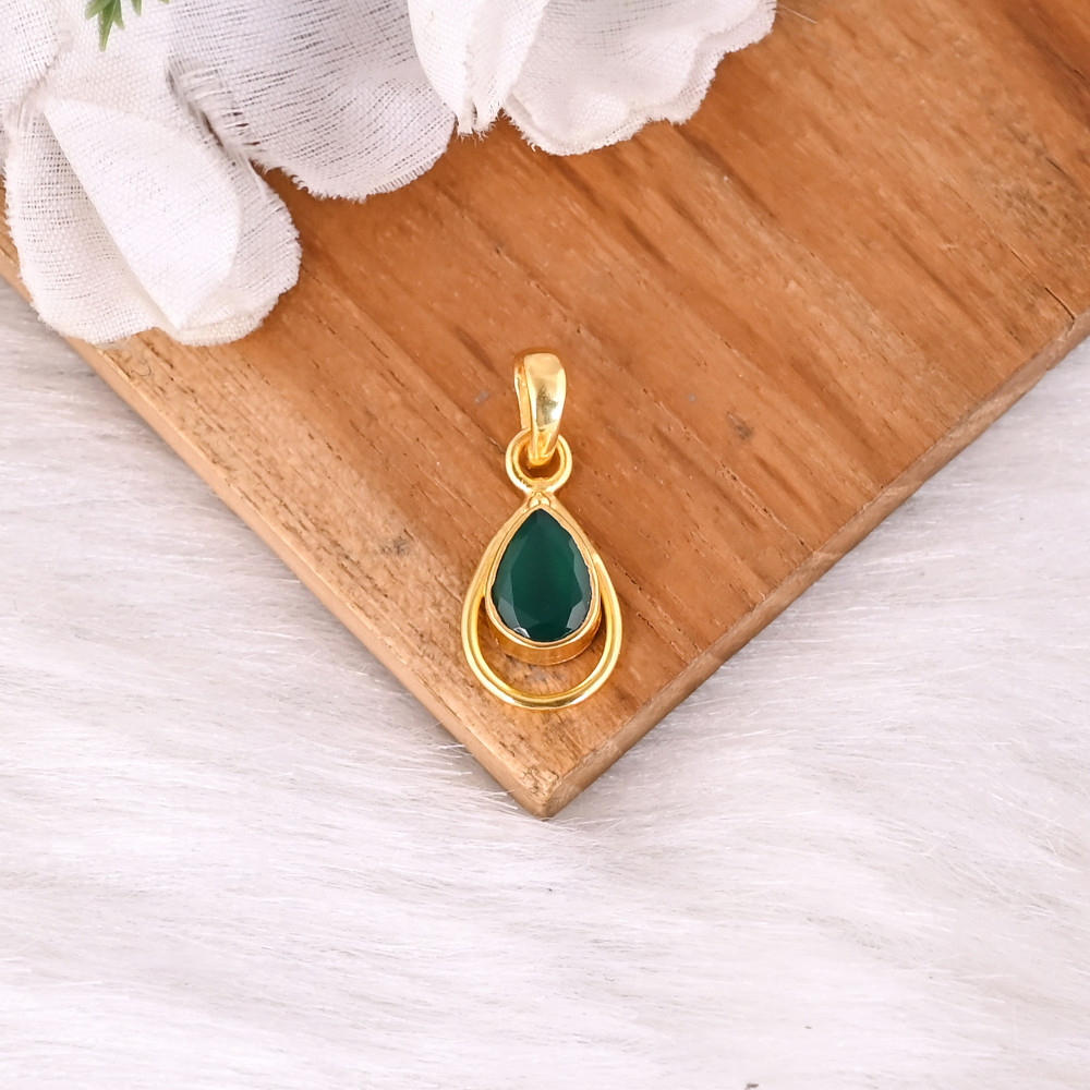 Image of Simple &amp; Elegant Natural Green Onyx Gold Plated Brass Pendant For Women