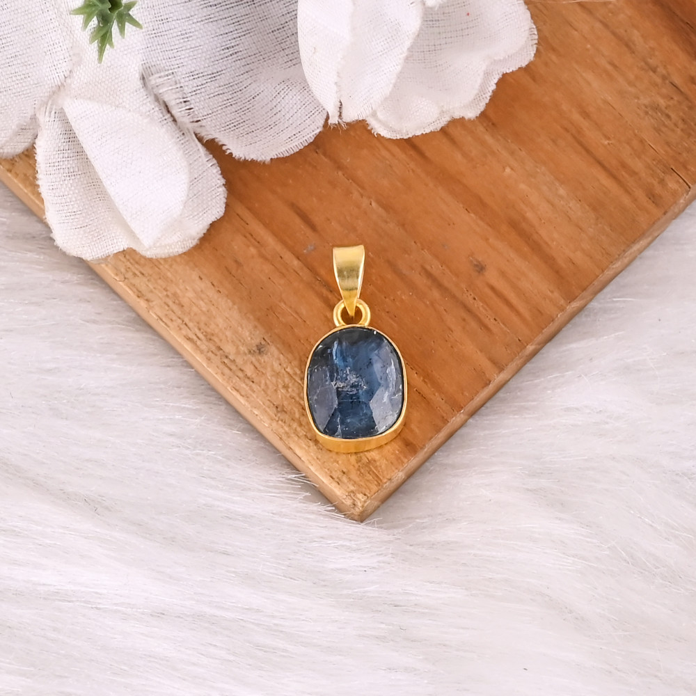 Image of Natural Neon Apatite Gemstone Classic Brass Pendant Handmade Unisex Jewelry