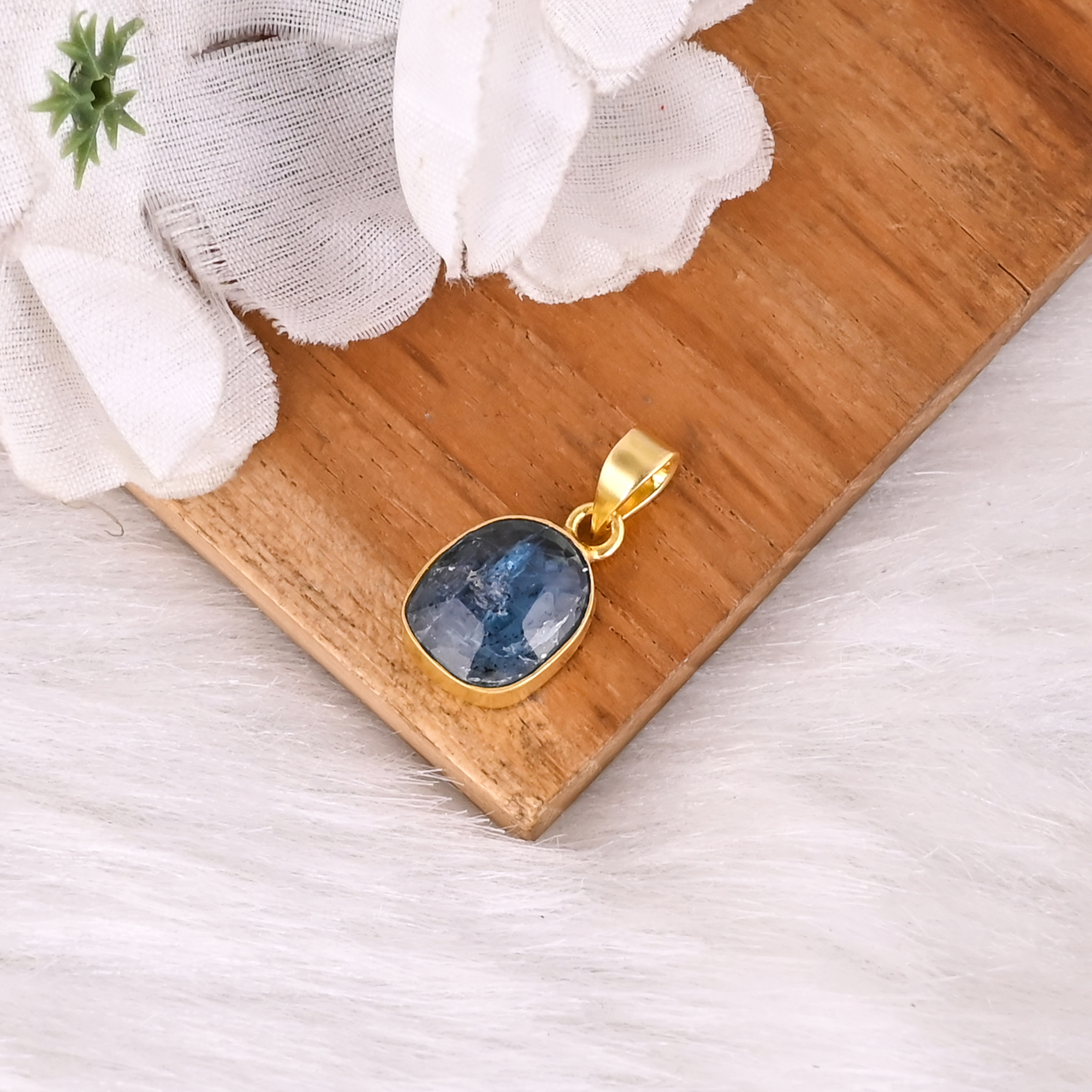 Natural Neon Apatite Gemstone Classic Brass Pendant Handmade Unisex Jewelry