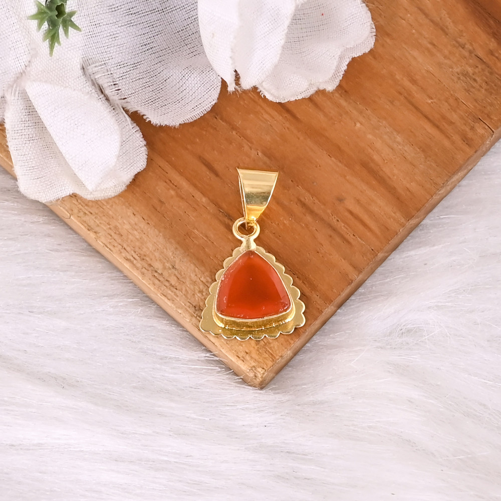 Image of Natural Carnelian Triangle Pendant Gold Plated Brass 25mm | Trendy Minimalist Gemstone Jewelry Charm