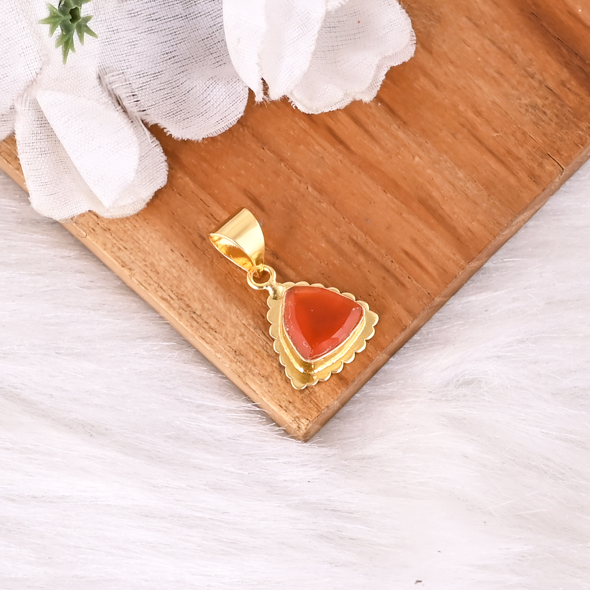 Natural Carnelian Triangle Pendant Gold Plated Brass 25mm  Trendy Minimalist Gemstone Jewelry Charm