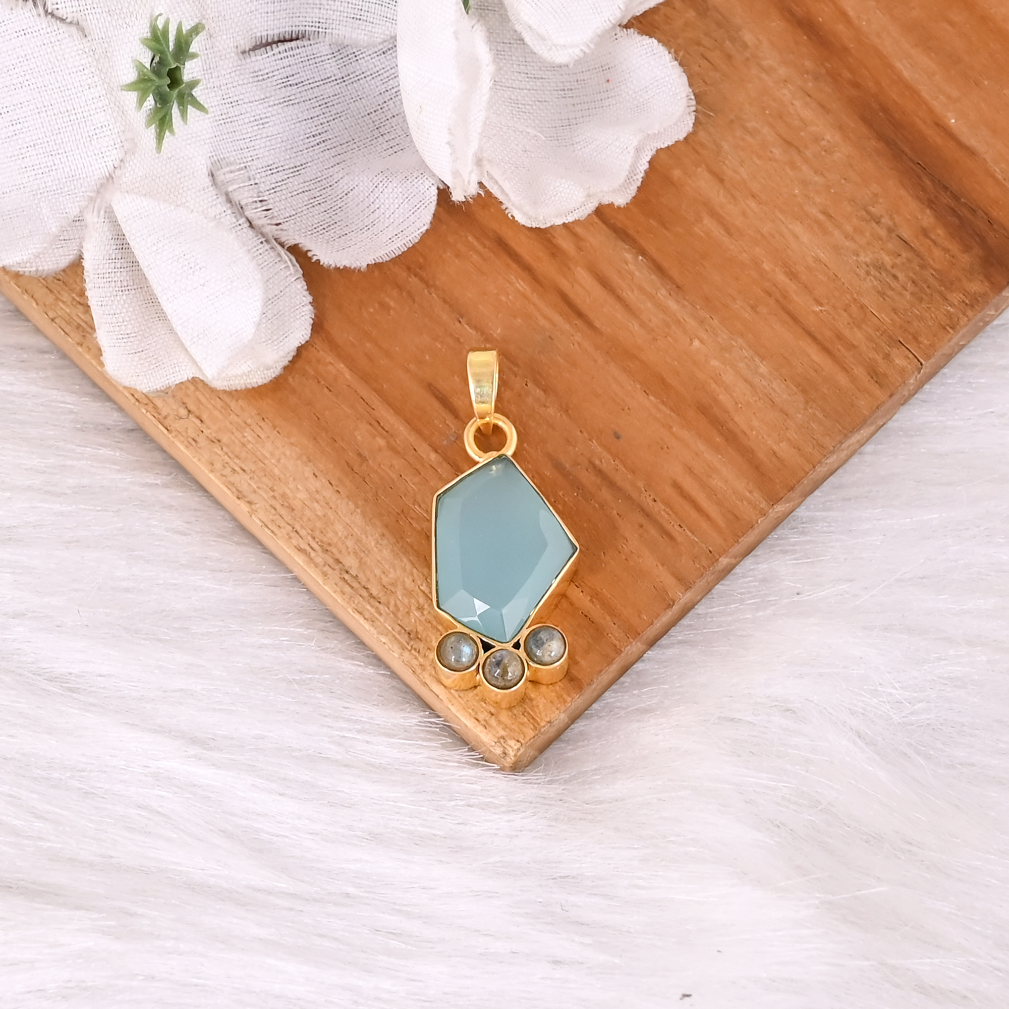 Natural Aqua Chalcedony With Labradorite Fancy Cut Gemstone Gold Plated Brass Pendant Jewelry For Women
