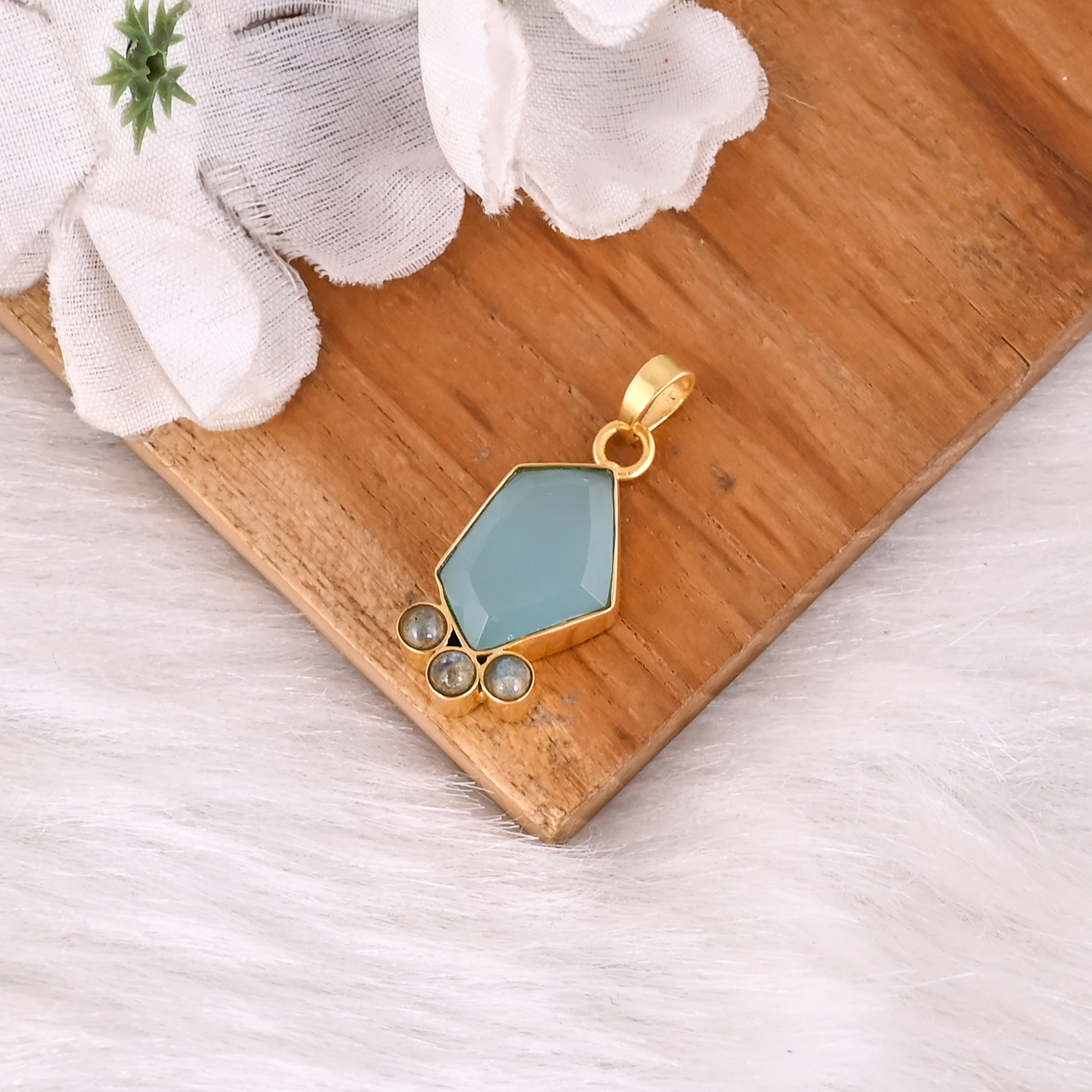Natural Aqua Chalcedony With Labradorite Fancy Cut Gemstone Gold Plated Brass Pendant Jewelry For Women