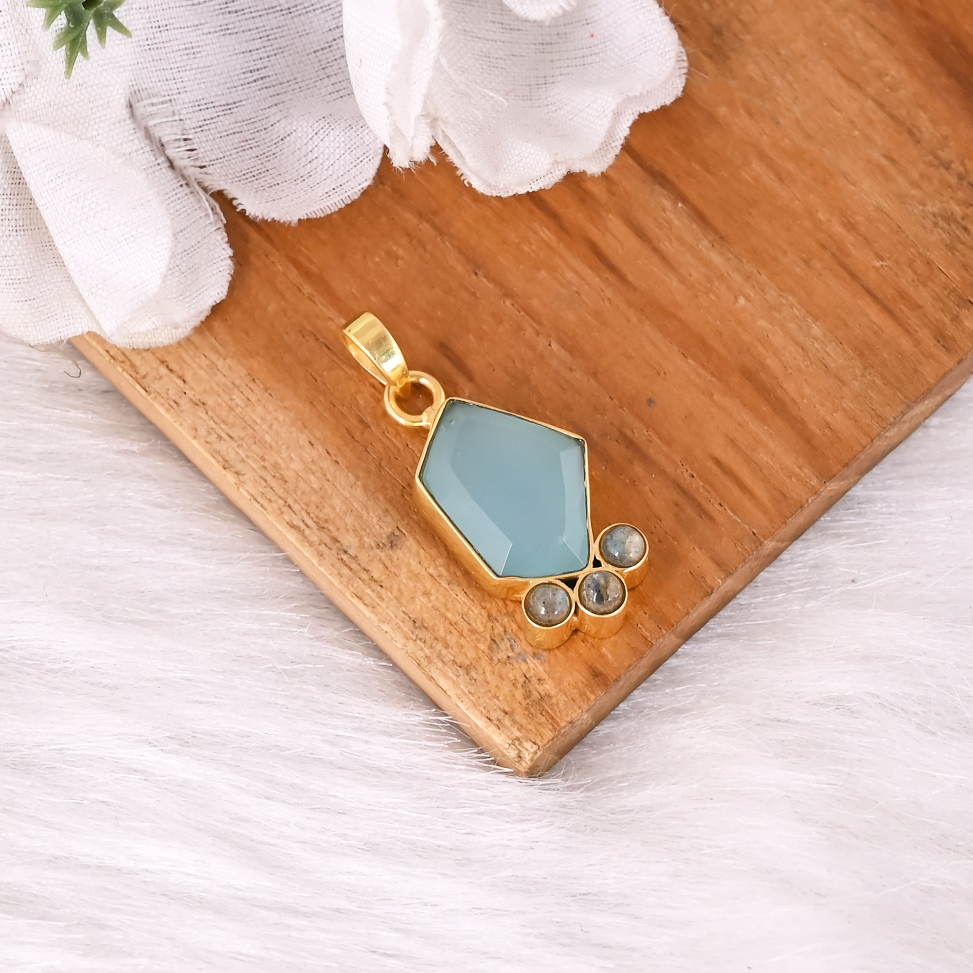 Natural Aqua Chalcedony With Labradorite Fancy Cut Gemstone Gold Plated Brass Pendant Jewelry For Women
