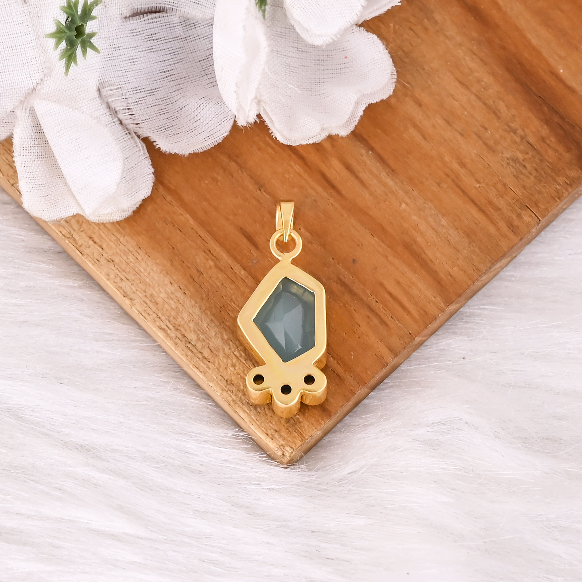 Natural Aqua Chalcedony With Labradorite Fancy Cut Gemstone Gold Plated Brass Pendant Jewelry For Women
