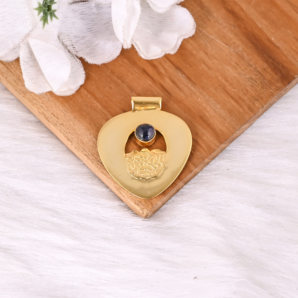 Image of Natural Blue Kyanite Gemstone Pendant Brass Jewelry For Women