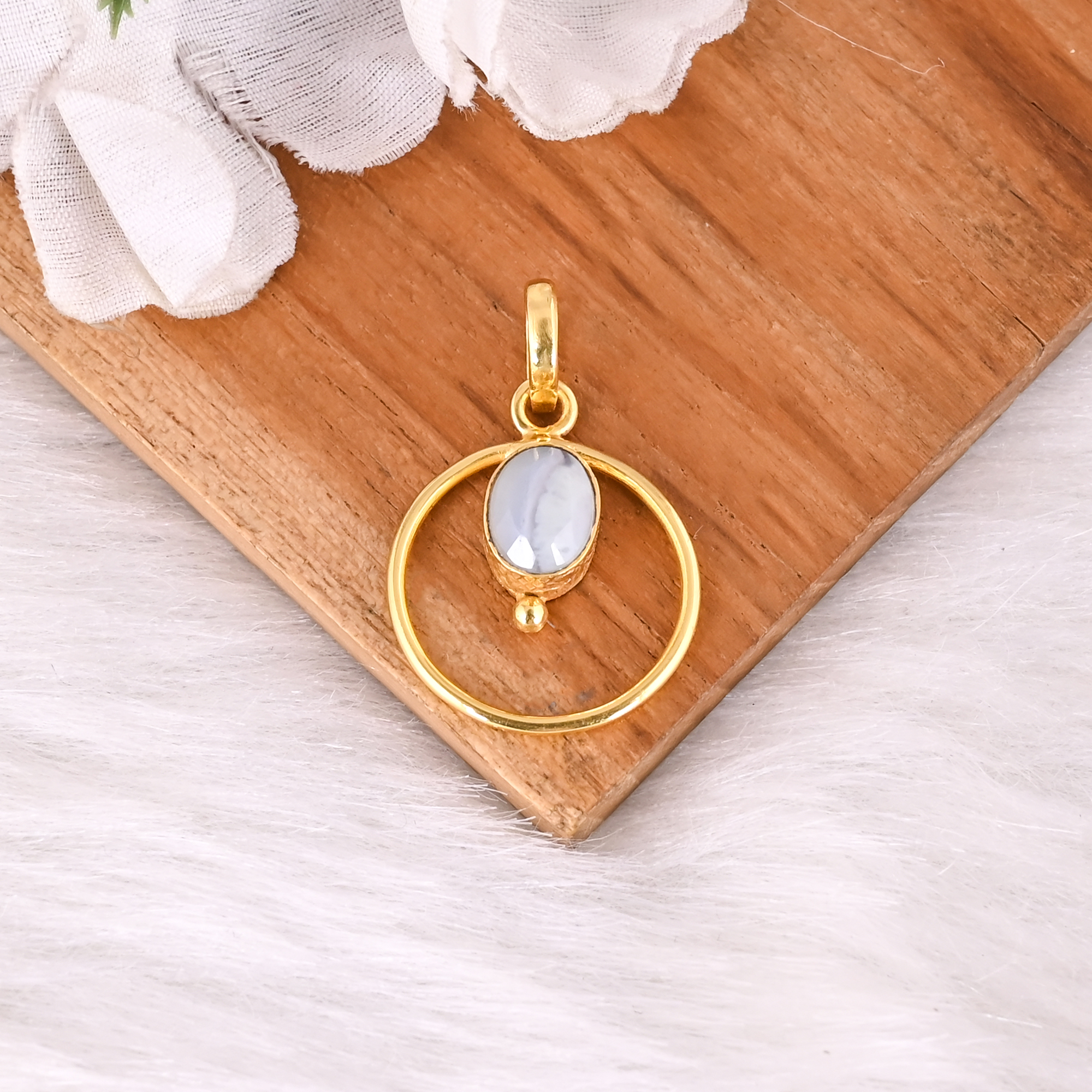 Gold Plated Brass Circle Pendant with Natural Blue Lace Agate Handmade Minimal Charm Jewelry for Women