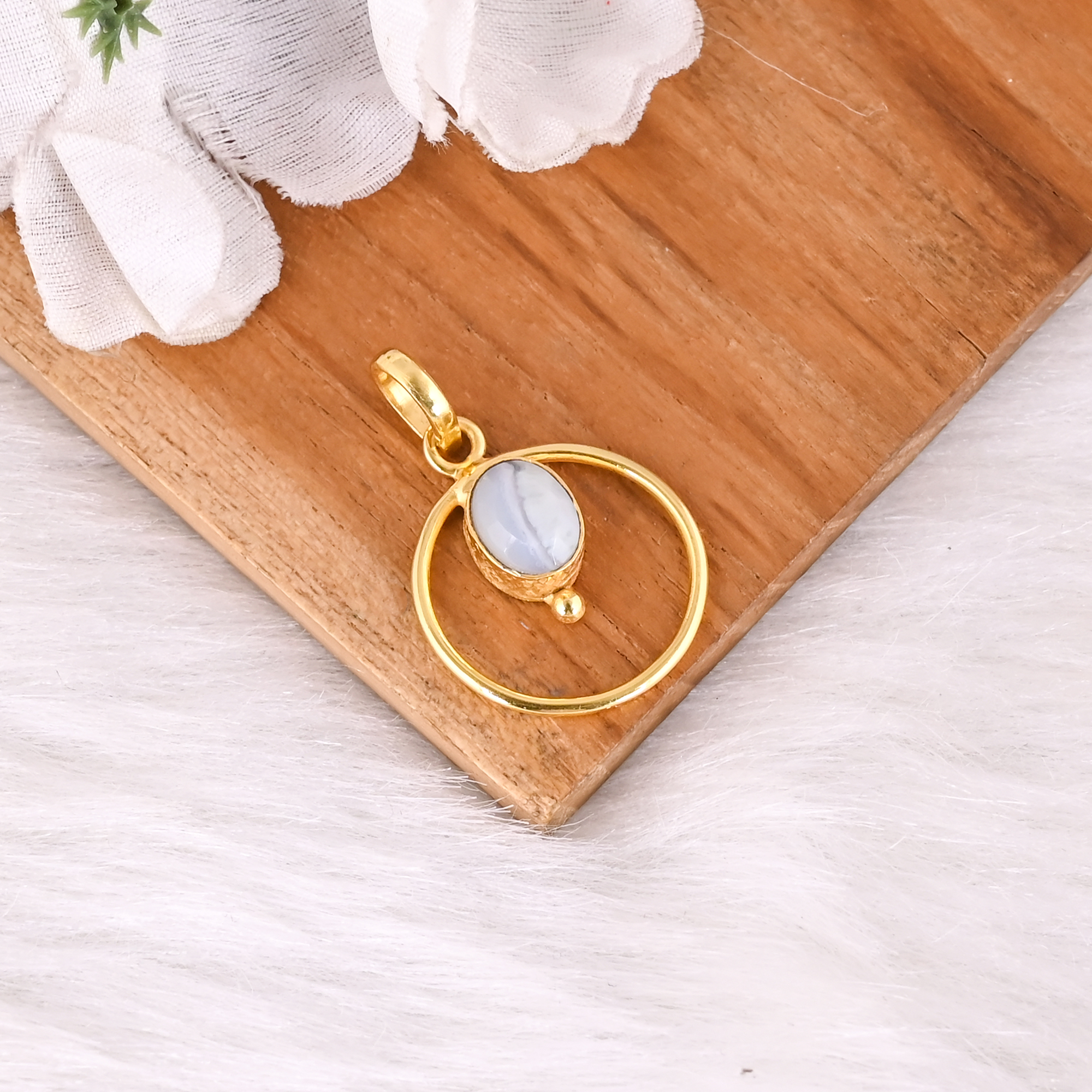 Gold Plated Brass Circle Pendant with Natural Blue Lace Agate Handmade Minimal Charm Jewelry for Women