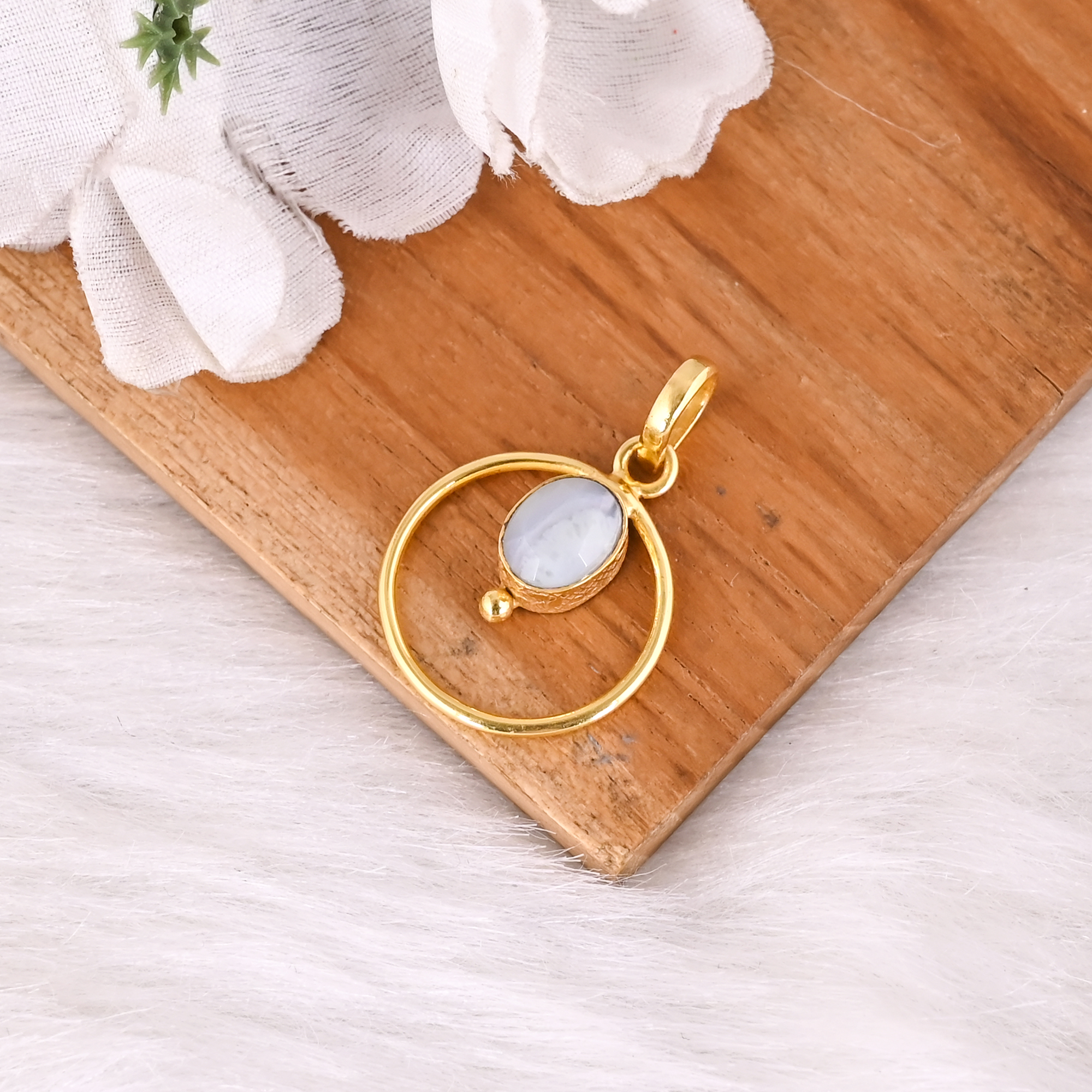 Gold Plated Brass Circle Pendant with Natural Blue Lace Agate Handmade Minimal Charm Jewelry for Women