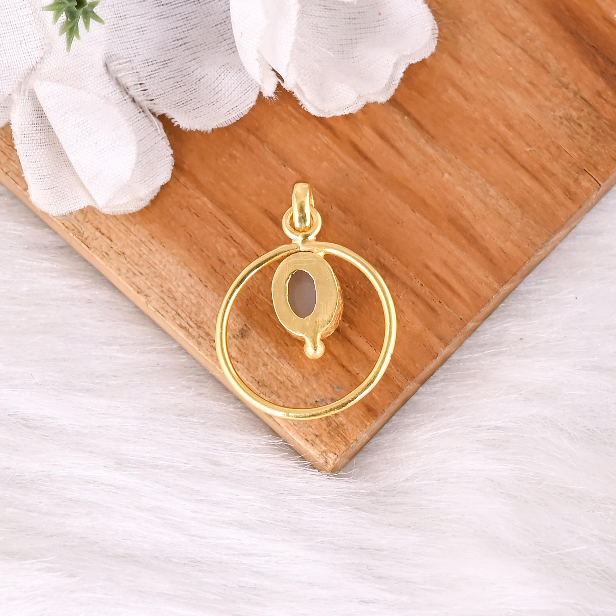 Gold Plated Brass Circle Pendant with Natural Blue Lace Agate Handmade Minimal Charm Jewelry for Women