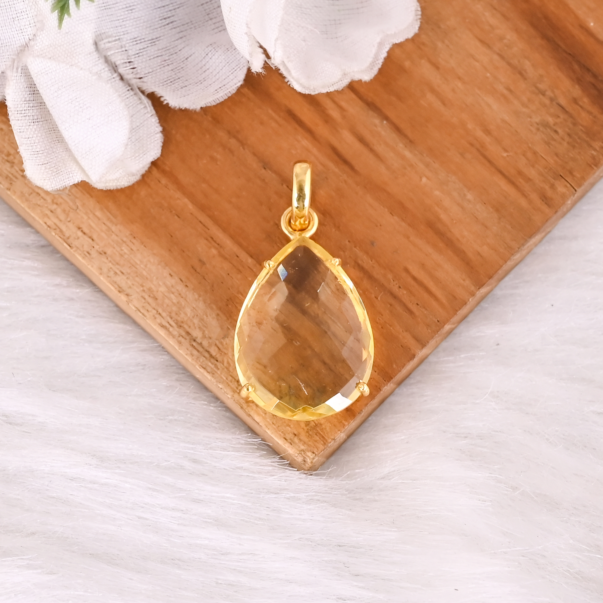 Elegant Handmade Lemon Hydro Quartz Gold Plated Brass Pendant for Women