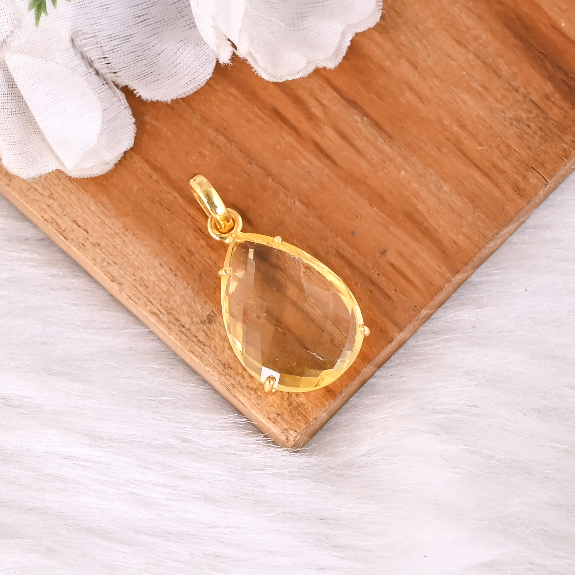 Elegant Handmade Lemon Hydro Quartz Gold Plated Brass Pendant for Women