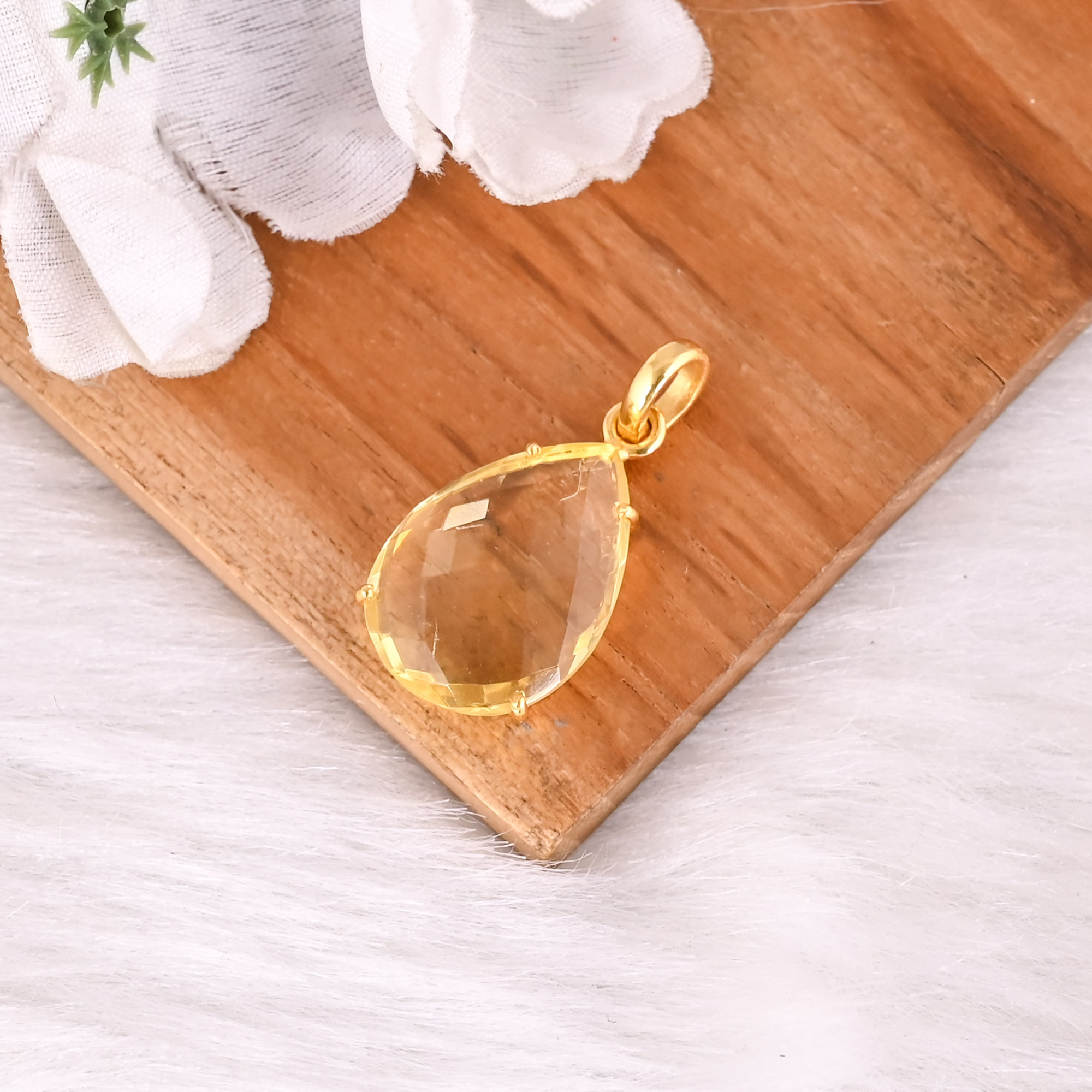 Elegant Handmade Lemon Hydro Quartz Gold Plated Brass Pendant for Women
