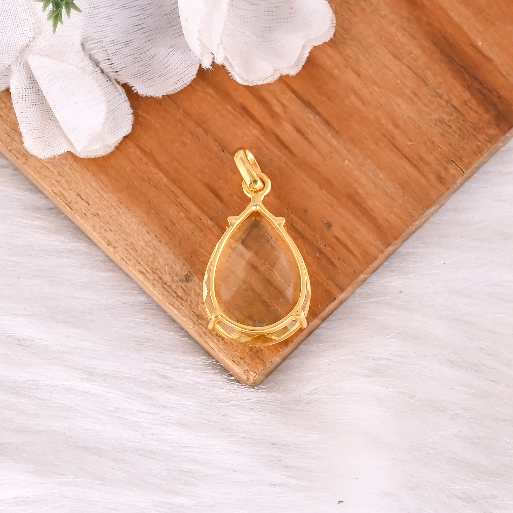 Elegant Handmade Lemon Hydro Quartz Gold Plated Brass Pendant for Women