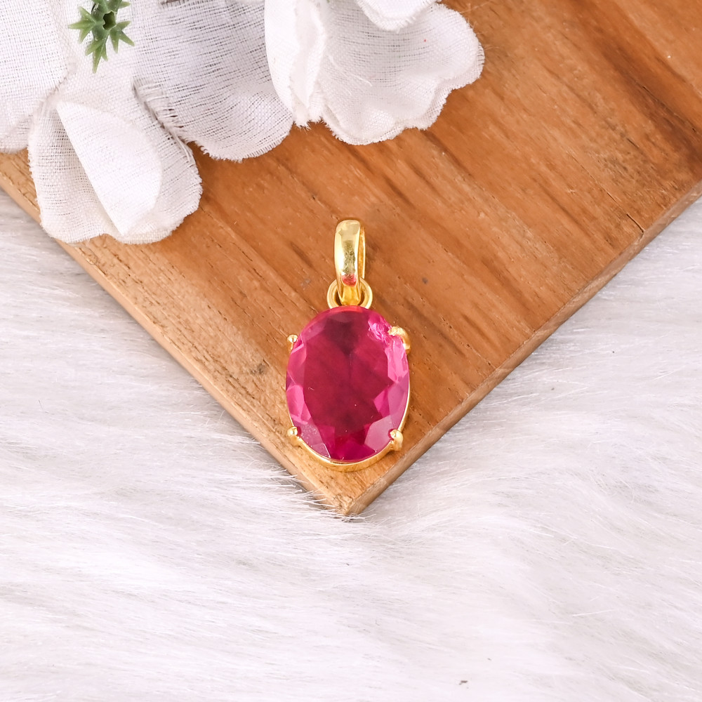 Image of Pink Tourmaline Hydro Oval Gemstone Pendant Yellow Gold Plated Brass Handmade Fashion Jewelry Classic Designer Gift for Women