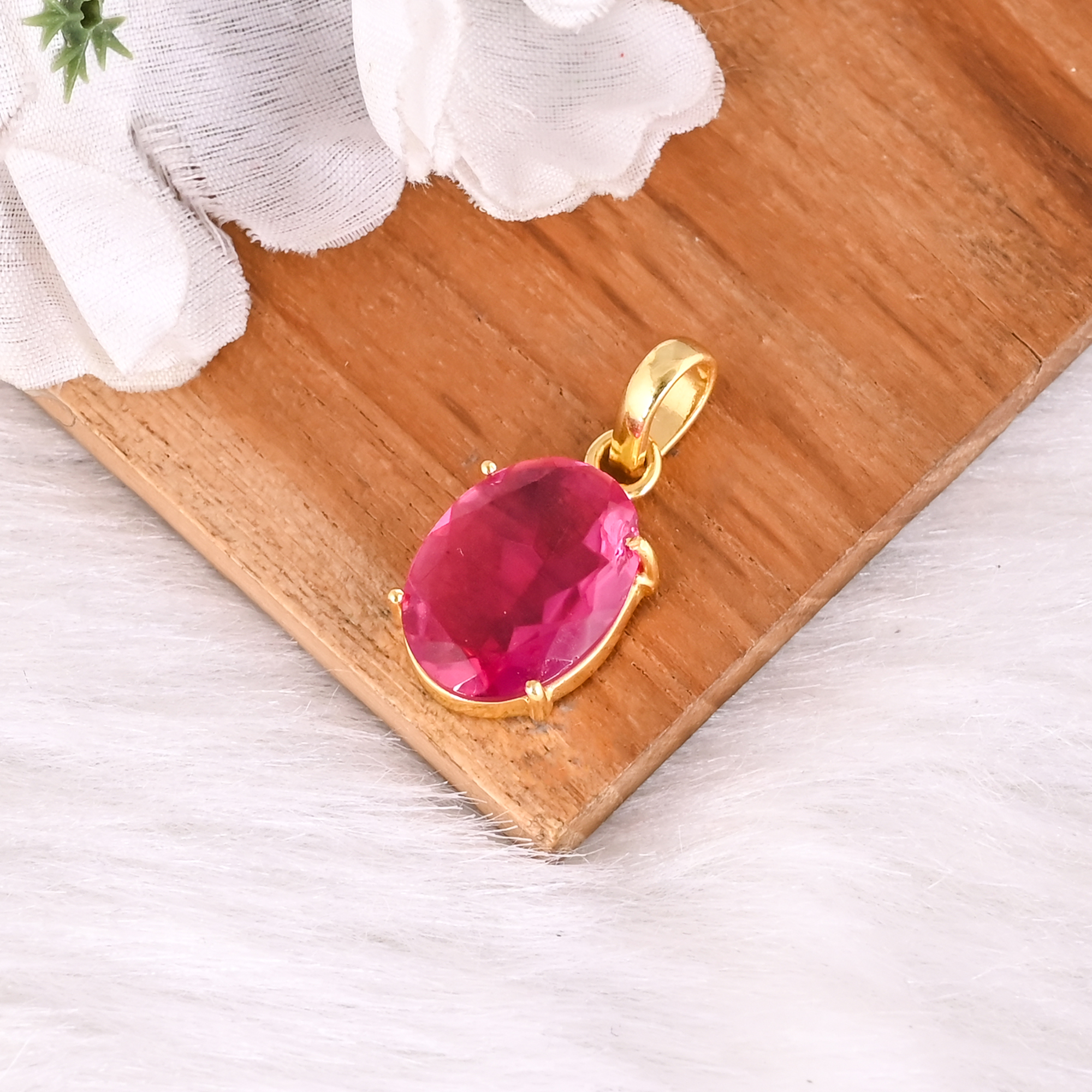 Pink Tourmaline Hydro Oval Gemstone Pendant Yellow Gold Plated Brass Handmade Fashion Jewelry Classic Designer Gift for Women