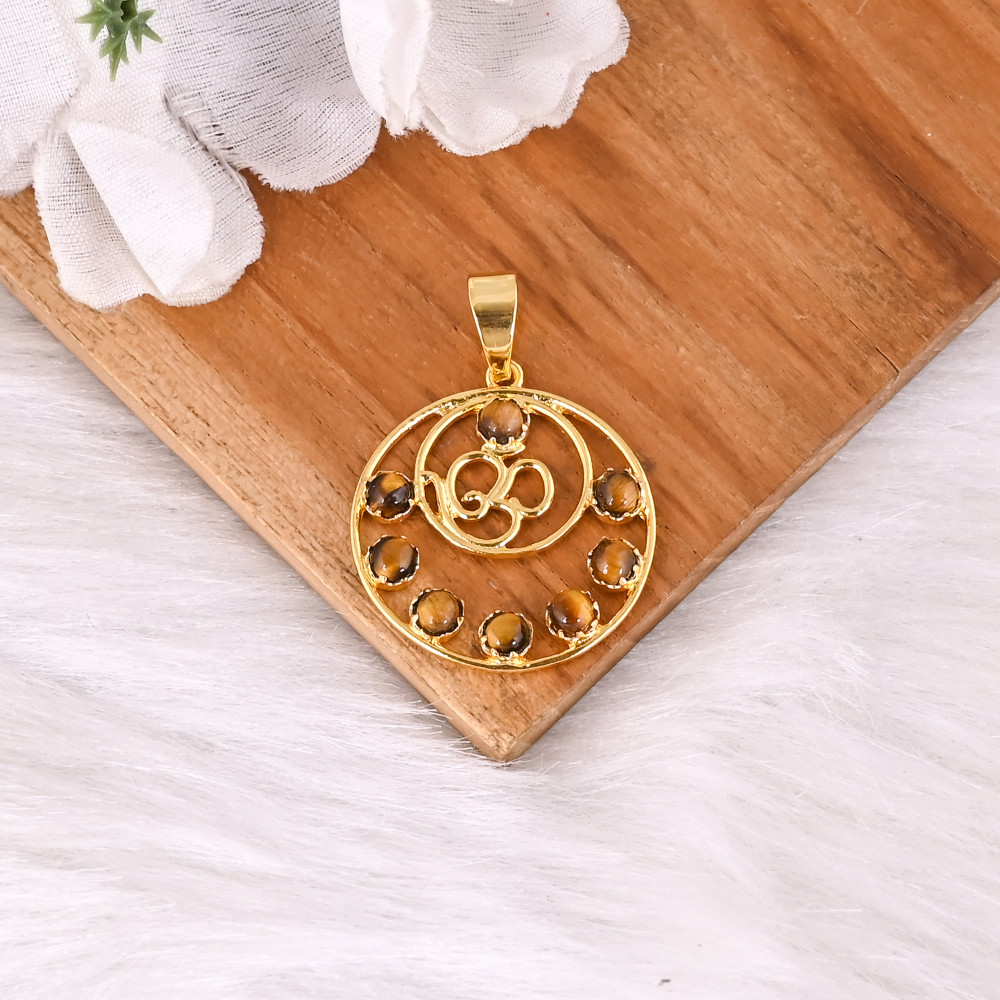 Image of Designer Tiger Eye Gemstone Brass Pendant Handmade Jewelry Gift For Her