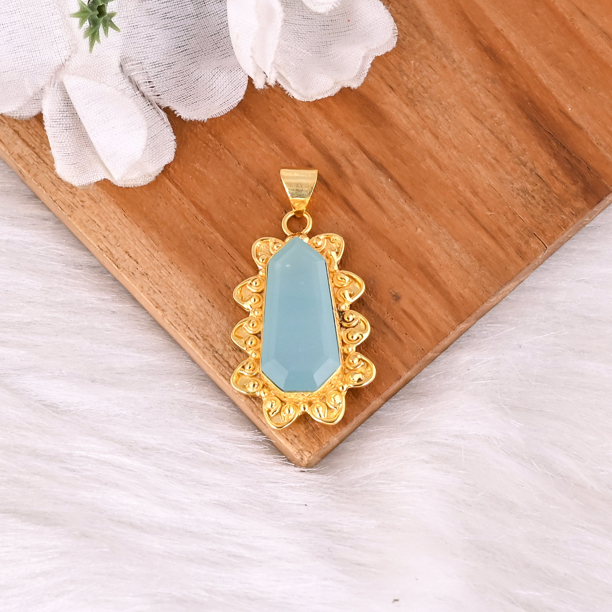 Natural Aqua Chalcedony Fancy Cut Gemstone Brass Pendant Designer Gift For Women