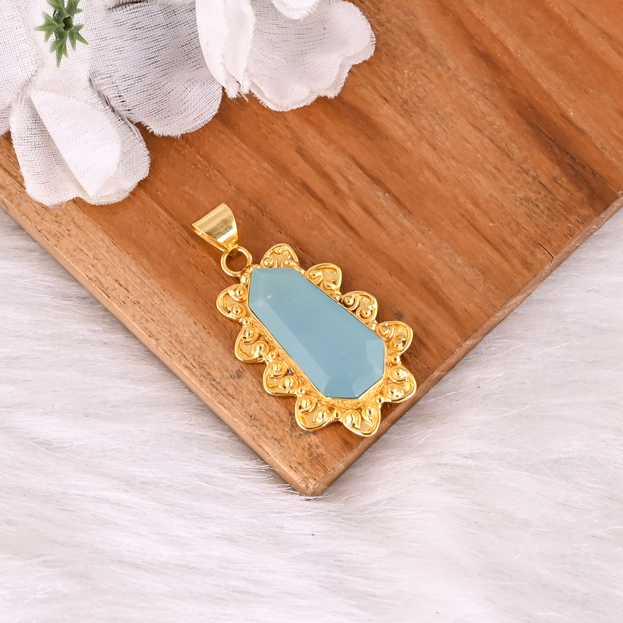 Natural Aqua Chalcedony Fancy Cut Gemstone Brass Pendant Designer Gift For Women
