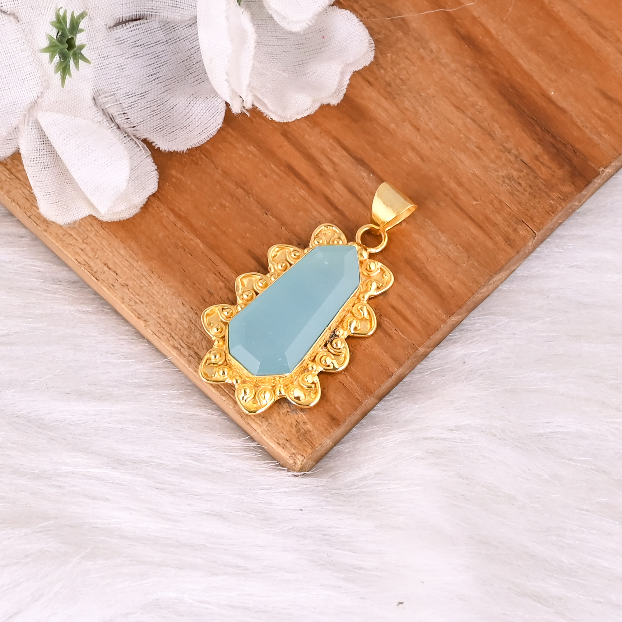 Natural Aqua Chalcedony Fancy Cut Gemstone Brass Pendant Designer Gift For Women