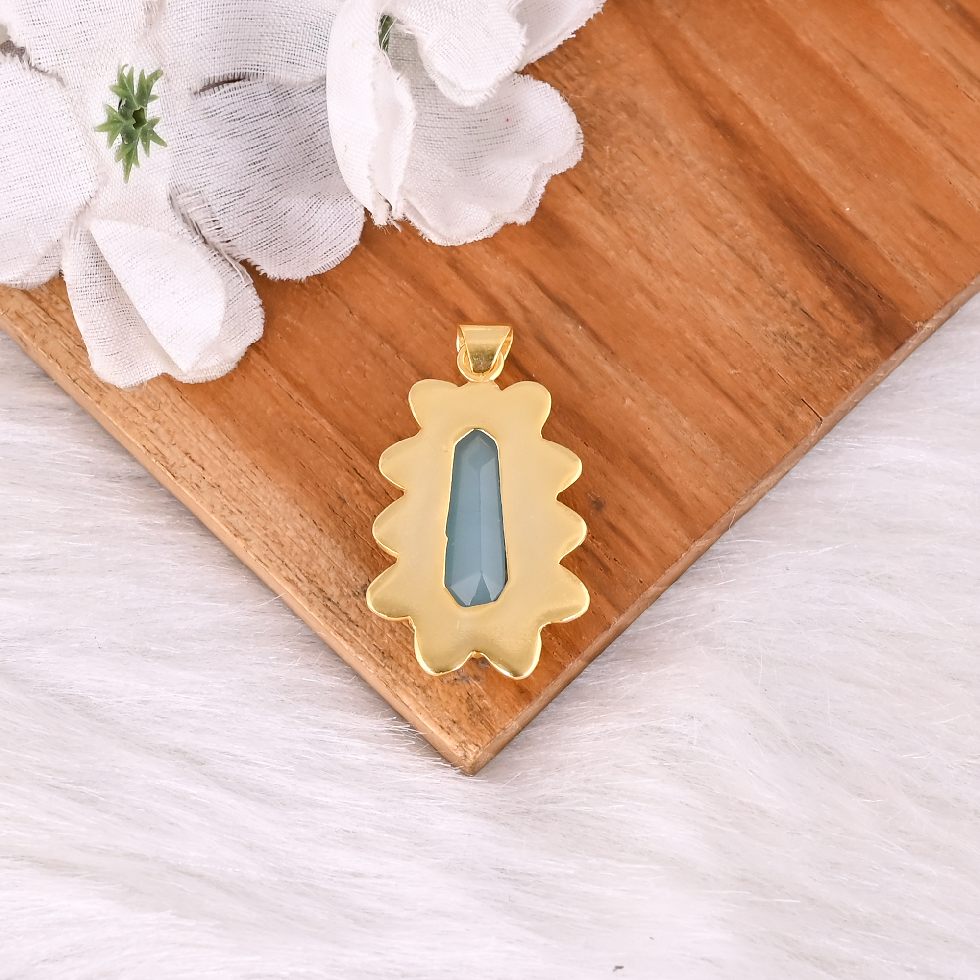 Natural Aqua Chalcedony Fancy Cut Gemstone Brass Pendant Designer Gift For Women